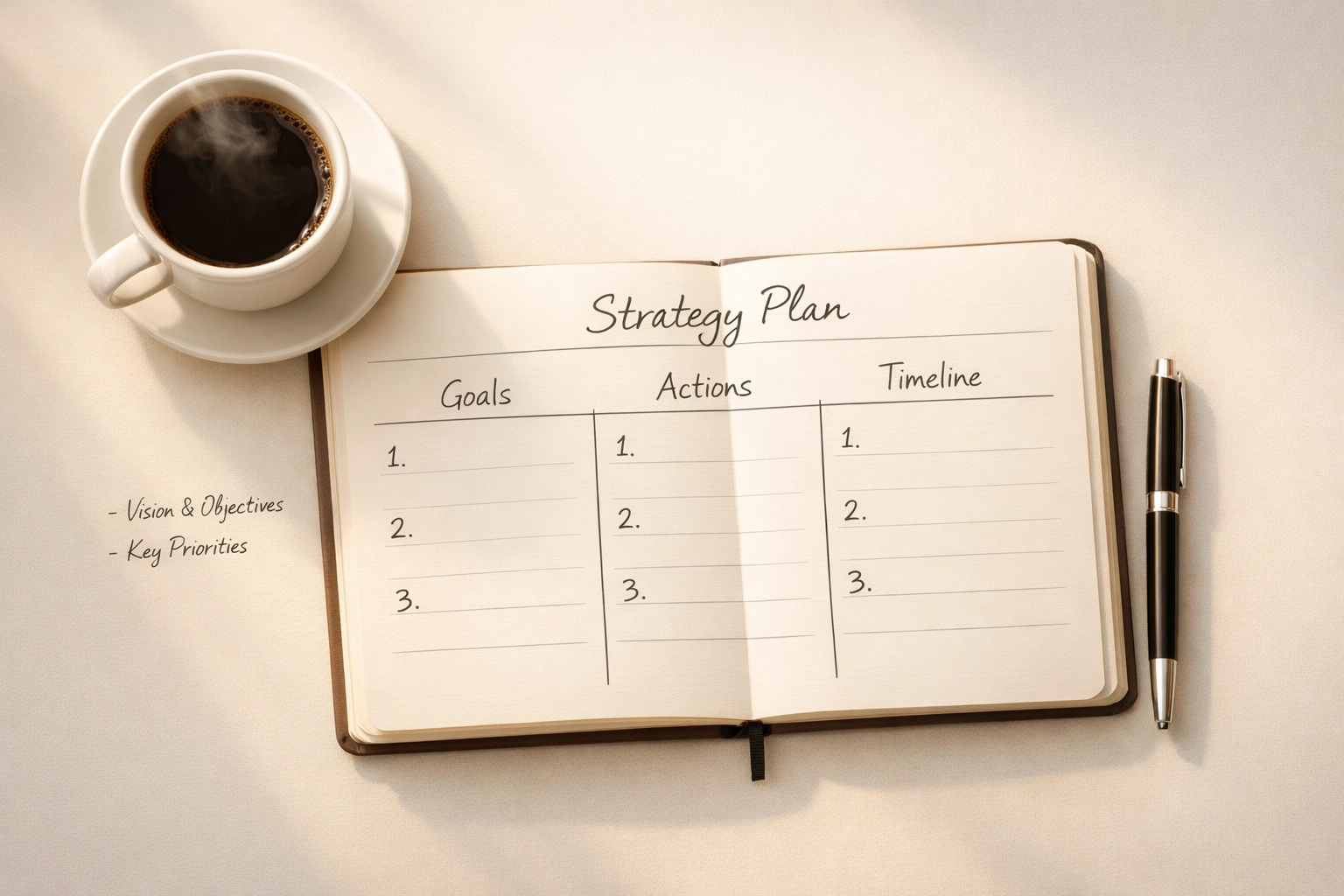 Open planner with professional development plan framework and strategic career notes