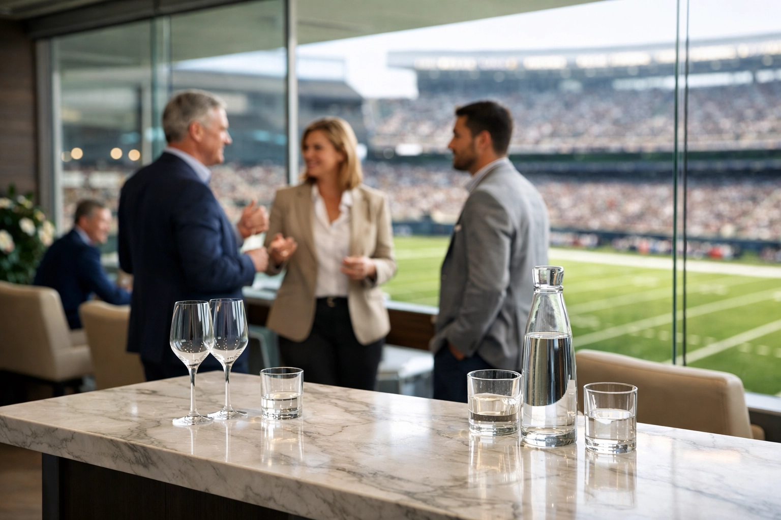 Executives networking in a luxury stadium suite during a corporate Super Bowl travel event.