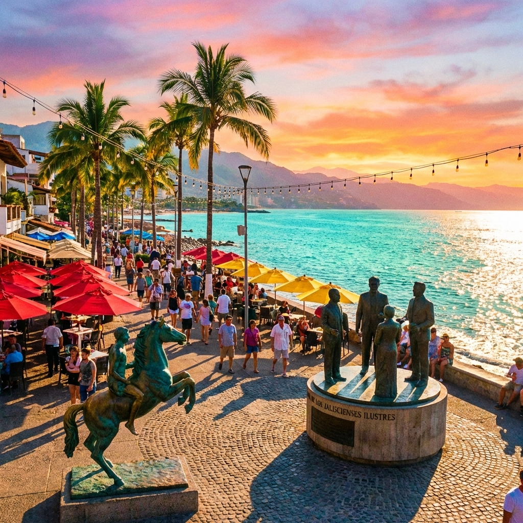 The vibrant Puerto Vallarta Malecón boardwalk at sunset, highlighting rental neighborhoods near Banderas Bay for first-time renters.