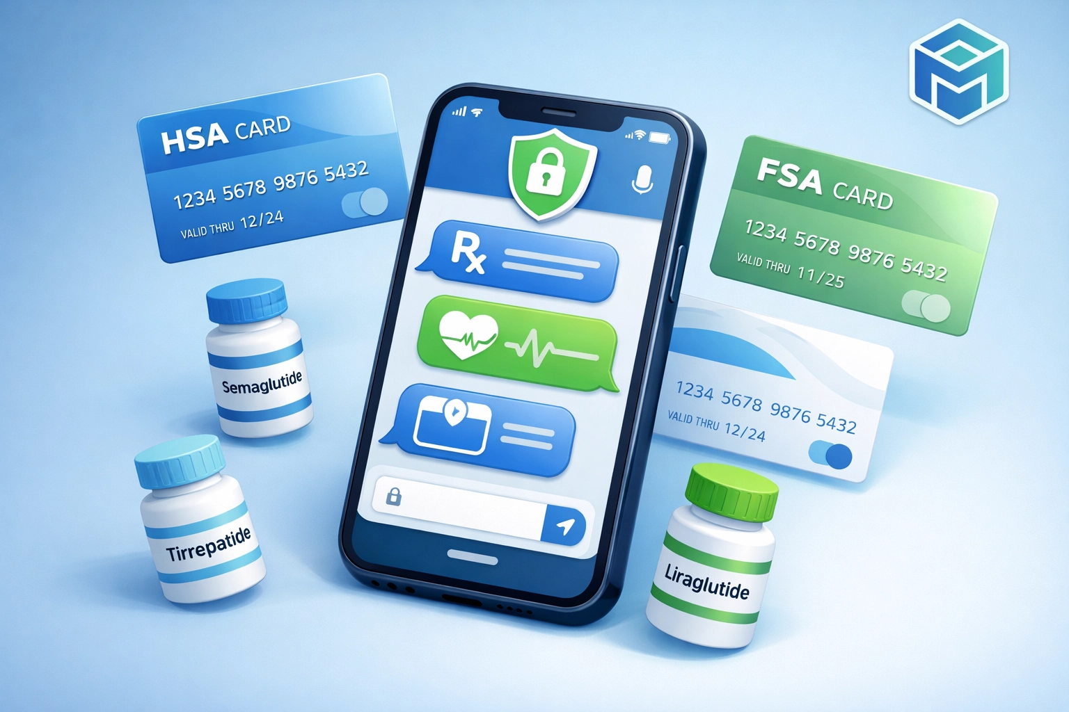 Smartphone showing medical chat with HSA/FSA cards and GLP-1 weight loss medications