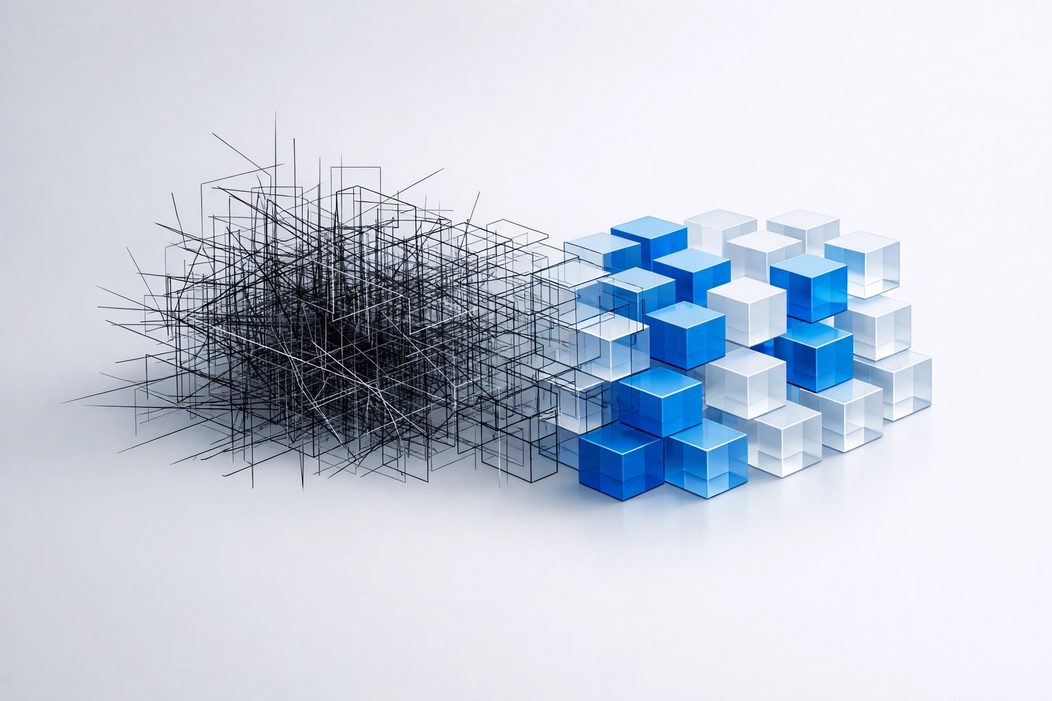 Visual comparison showing complex custom website builds transitioning into organized, scalable components.