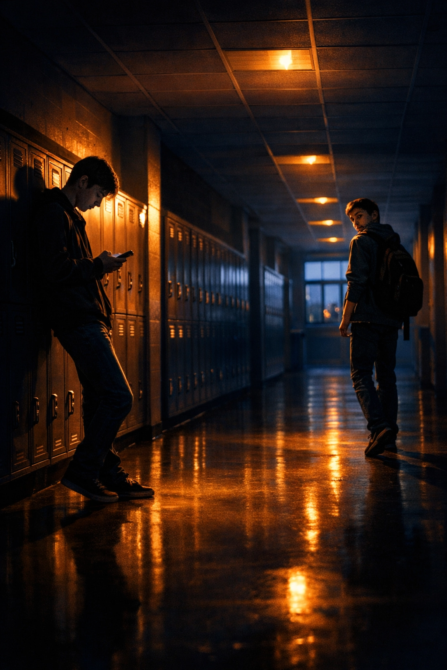 Two gay teens in high school hallway navigating identity and secret feelings