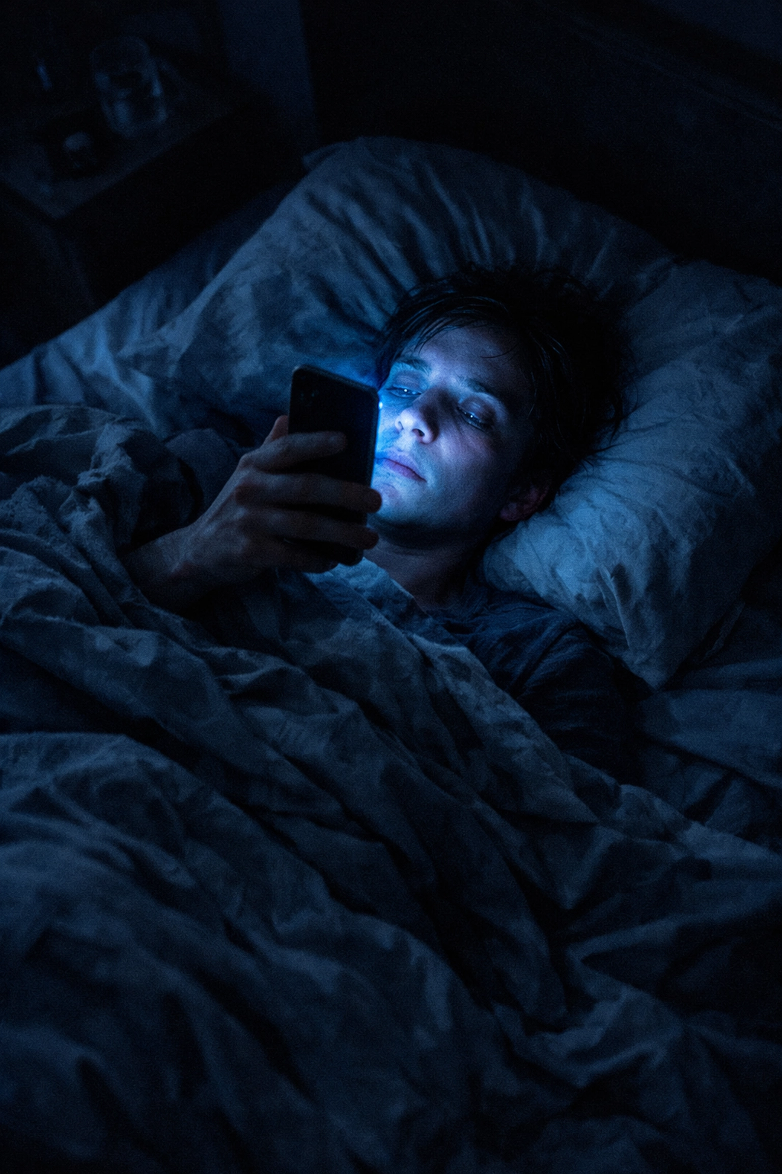Person in dark bedroom feeling overstimulated by the blue light of a phone, depicting digital addiction.