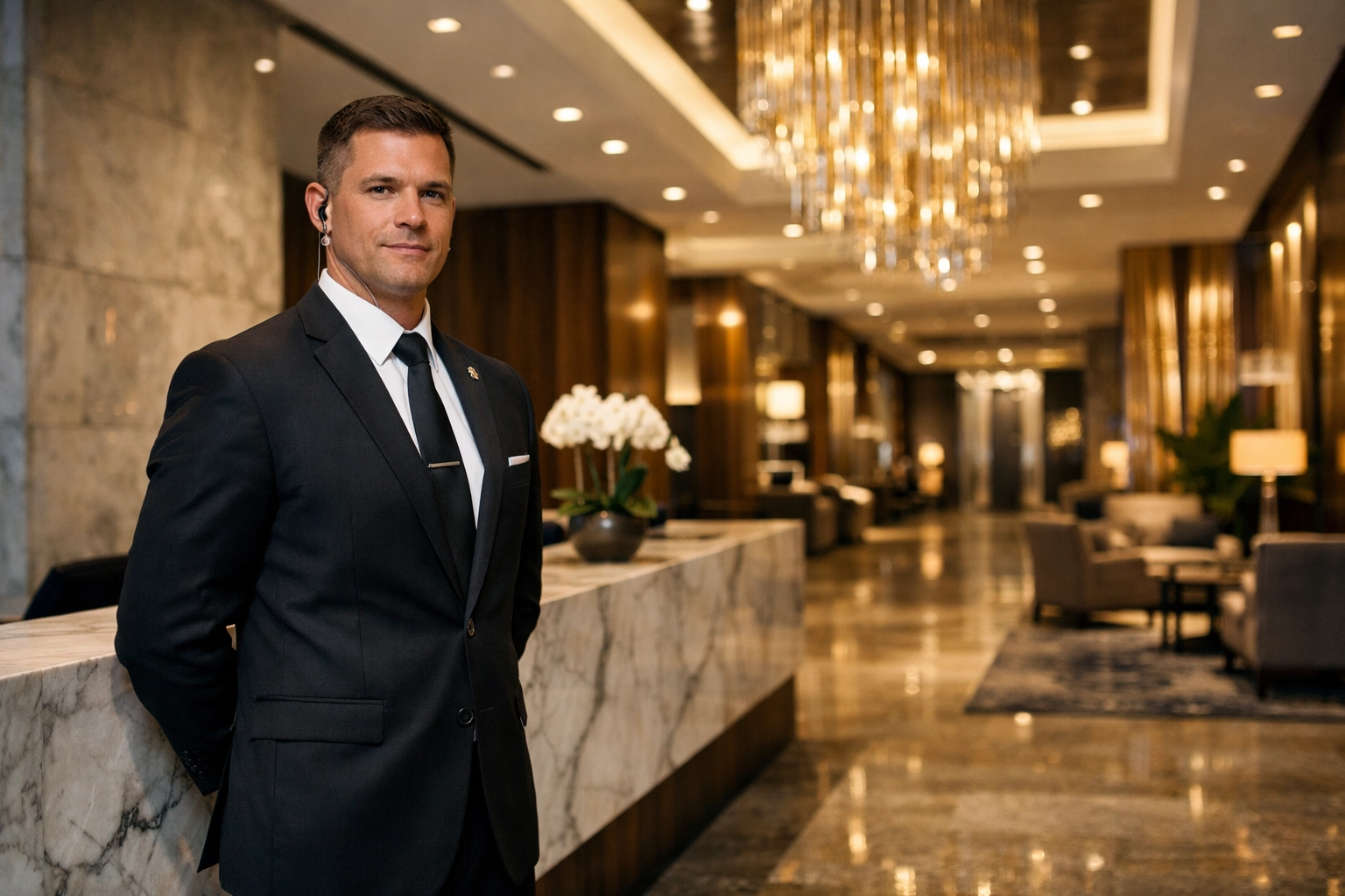 Professional security concierge in a suit providing high-end lobby security and deterrence.