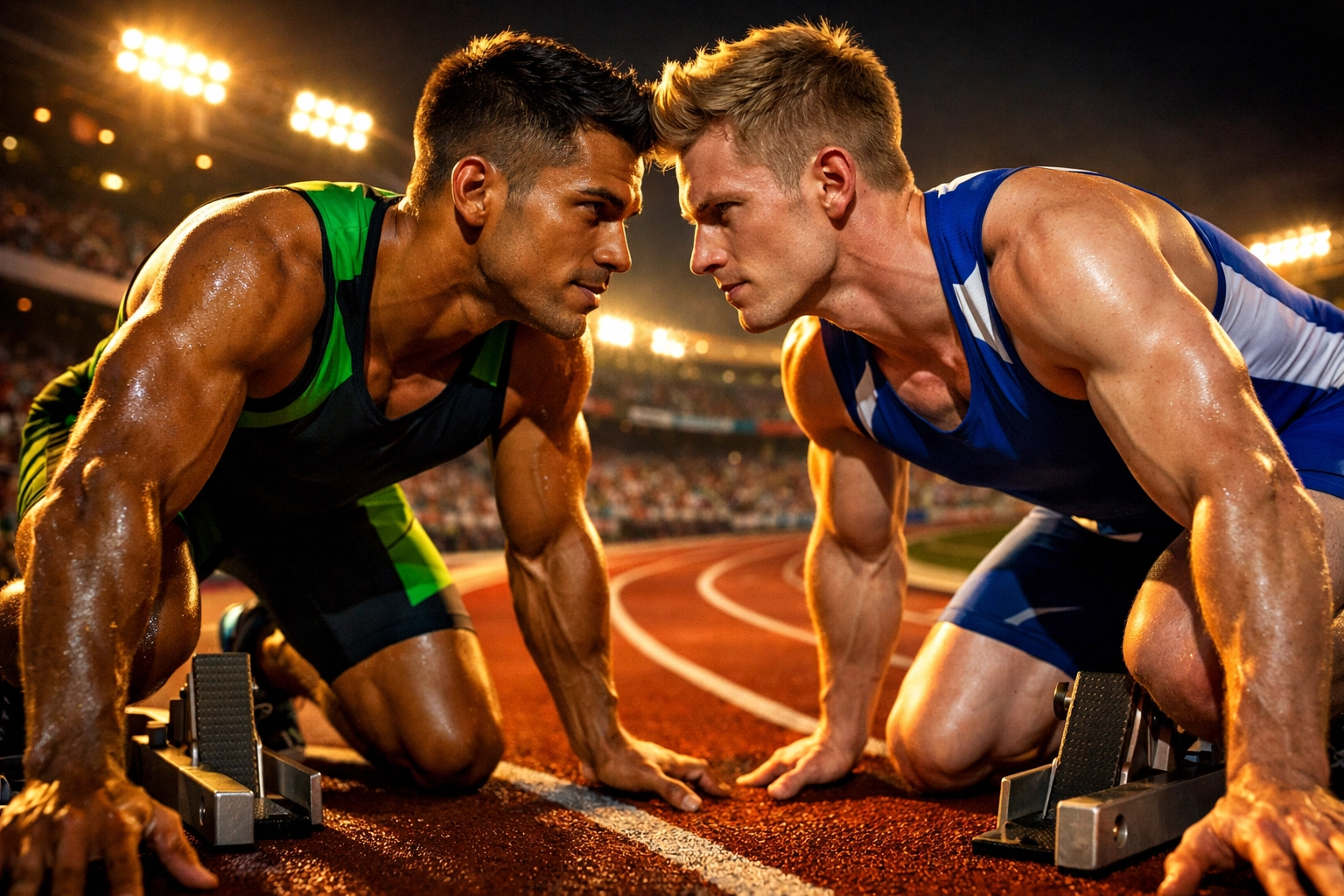 Rival male track athletes at starting blocks exchanging competitive gazes before Olympic race