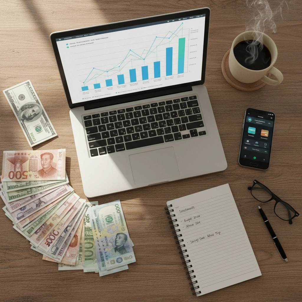 An overhead view of a laptop, with paper money on the left side, a notepad, pen, cell phone and glasses in front of it, and a steaming cup of black coffee on the right side. Bitcoin and Cash: The Ultimate Showdown for the Future of Money