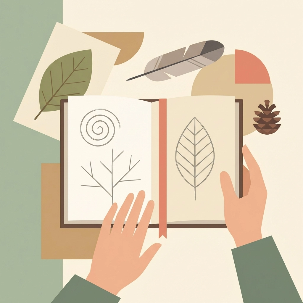 Hands displaying a nature journal with collected farm finds: pressed leaf, feather, and pinecone: after a pattern scavenger hunt