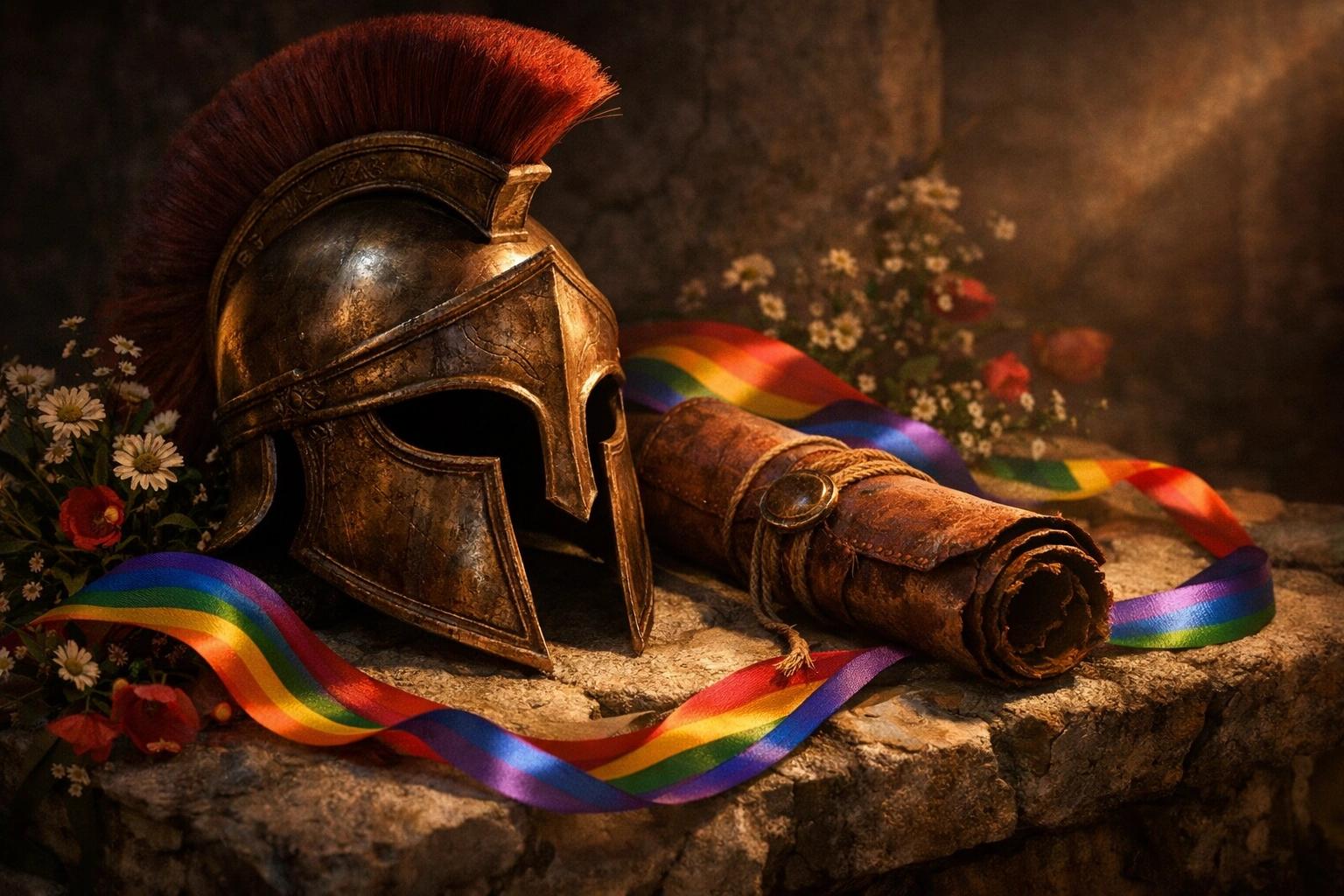 Ancient Greek warrior helmet and scroll symbolizing historical MM romance authenticity