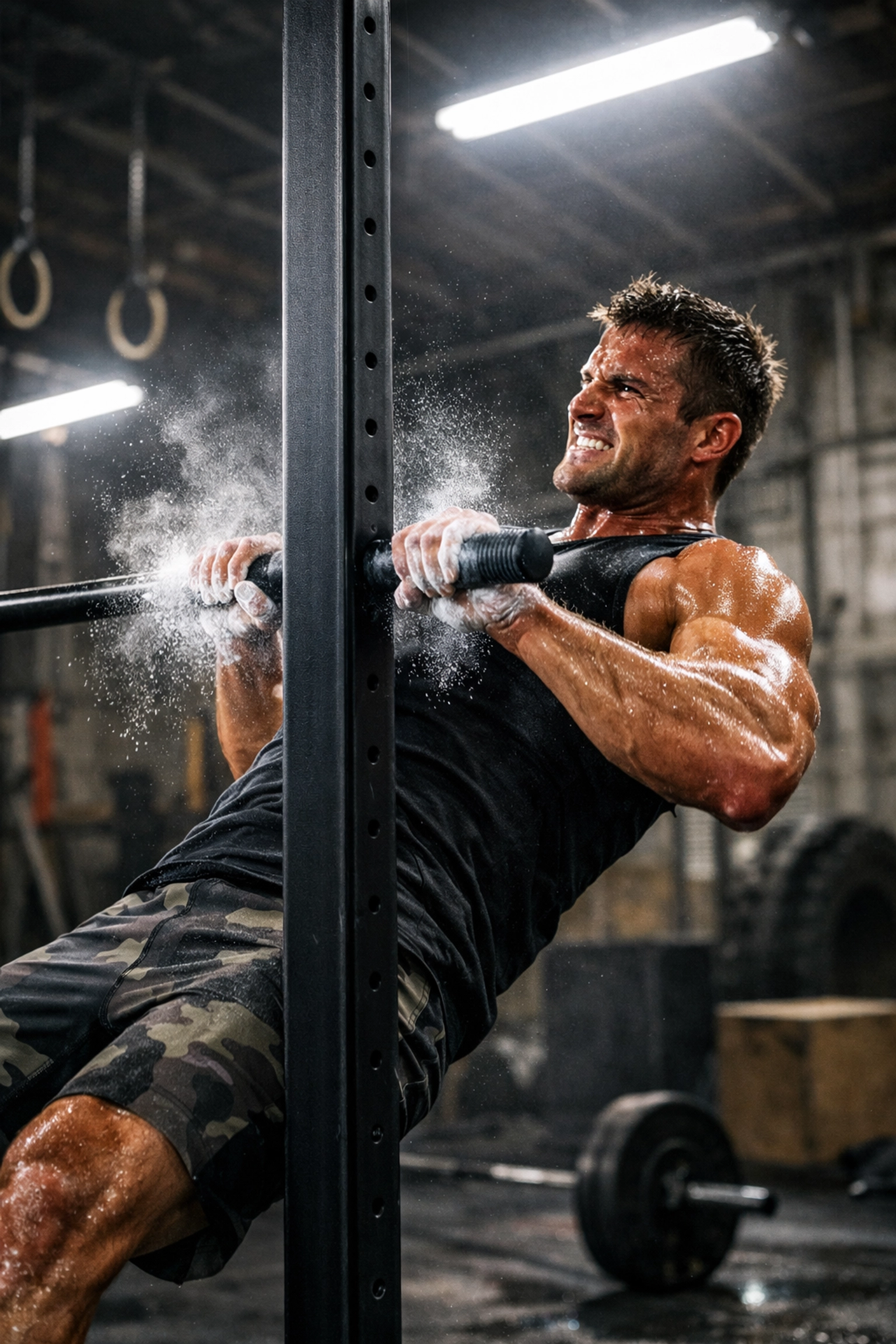 Athlete using a floor to ceiling gym as a pull up bar alternative for resistance training.