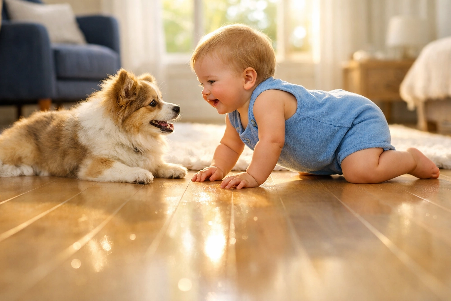 Toddler and pet on a safe floor after eco-friendly house cleaning Natick MA services.