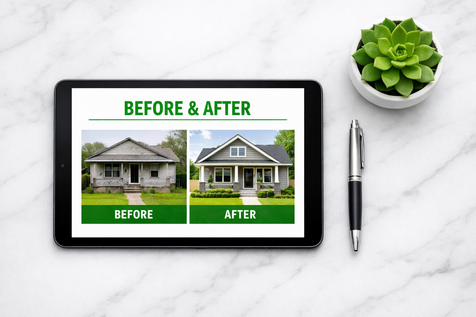 Strategic planning for a Tennessee property renovation displayed on a tablet in a modern office.