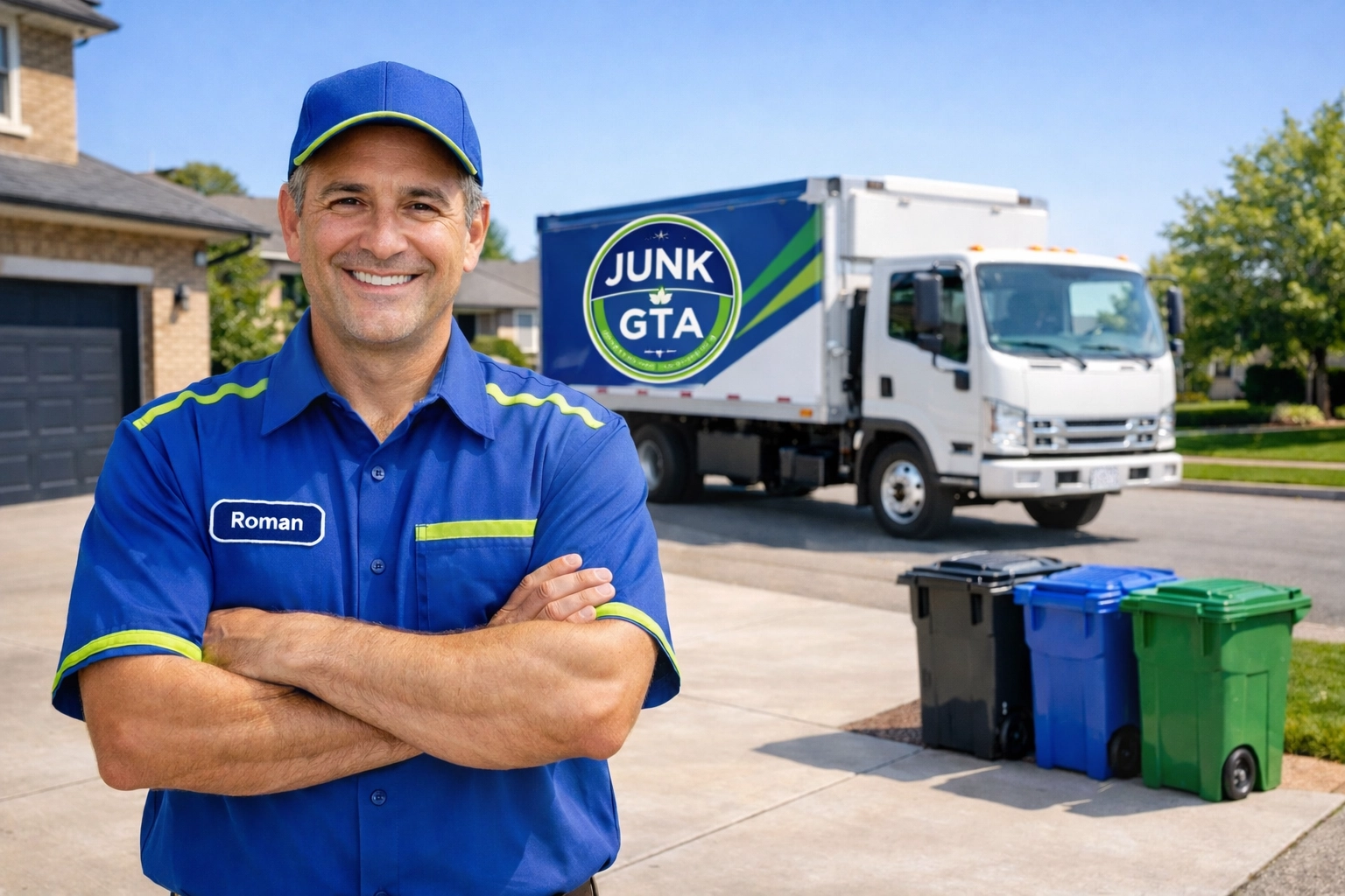 Junk GTA owner Roman providing professional junk removal in North York with organized residential waste bins.