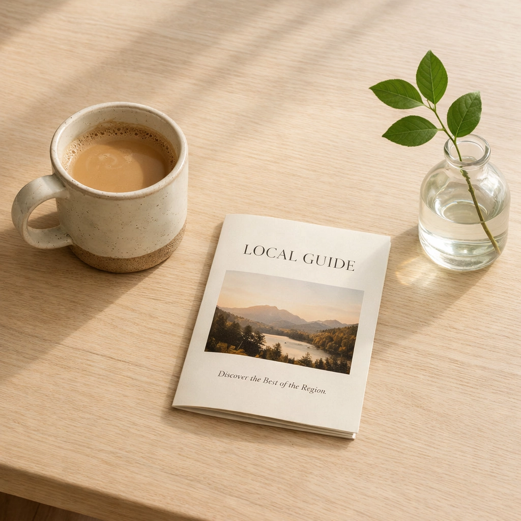 Personalized local travel guide and coffee on a wooden table, enhancing the hotel guest experience.