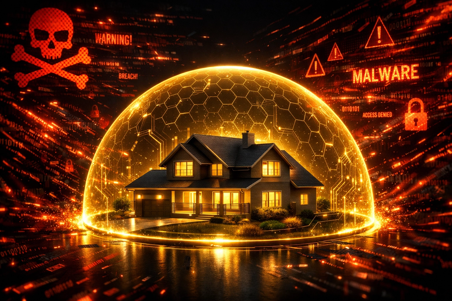 Home protected by security shield against cyber threats and property title fraud