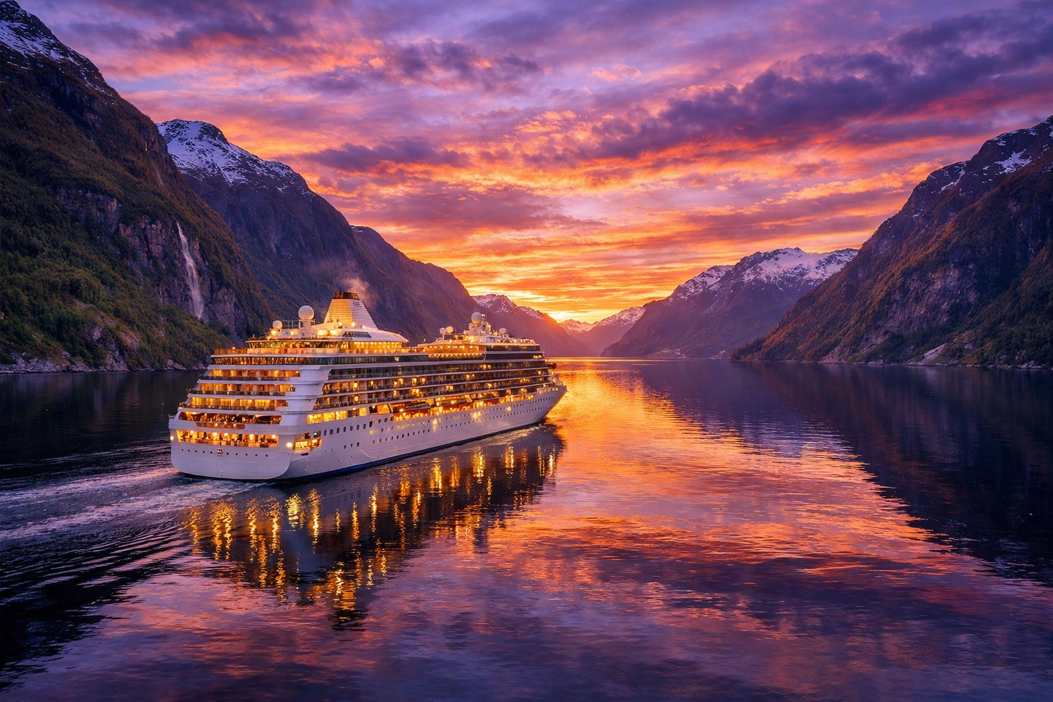 Majestic luxury cruise ship sailing through scenic fjords at sunset, representing luxury travel.