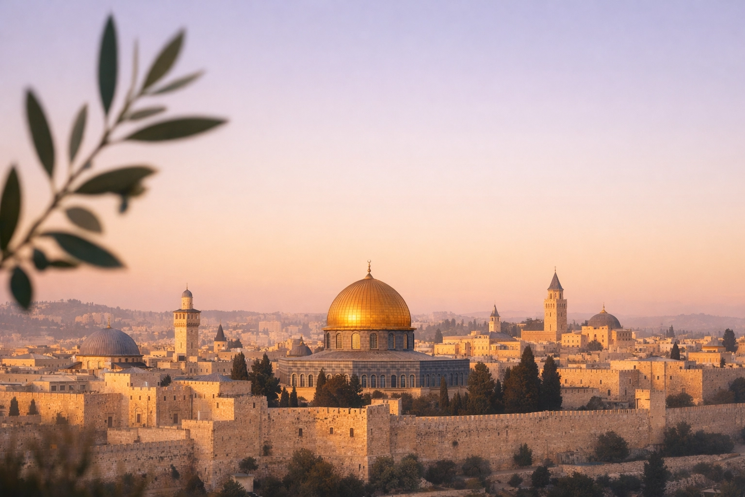 The Jerusalem skyline at dawn with a foreground olive branch representing a biblical perspective on peace.