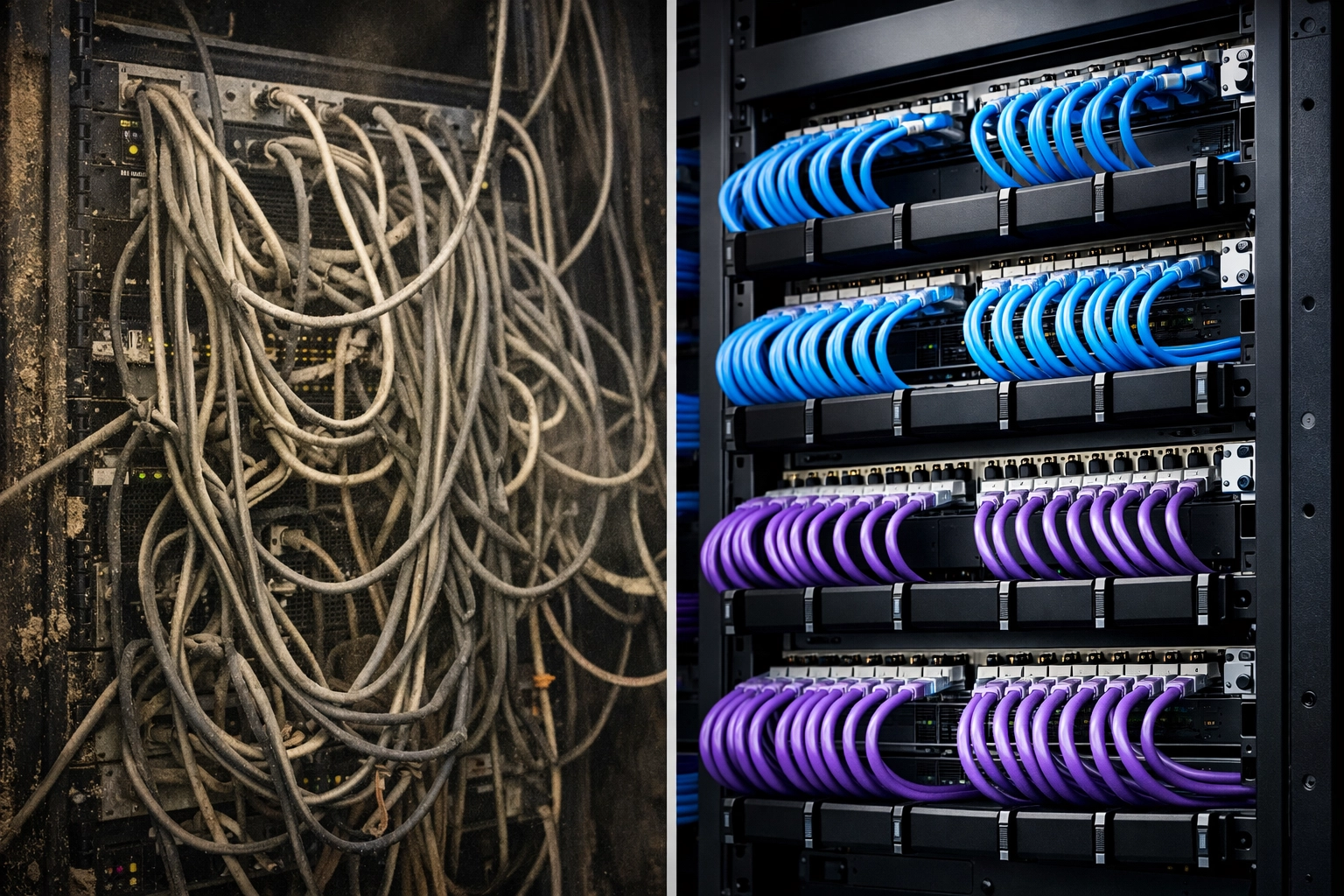 Comparison of messy legacy wiring vs. professional Cat6A structured cabling services for a new office.