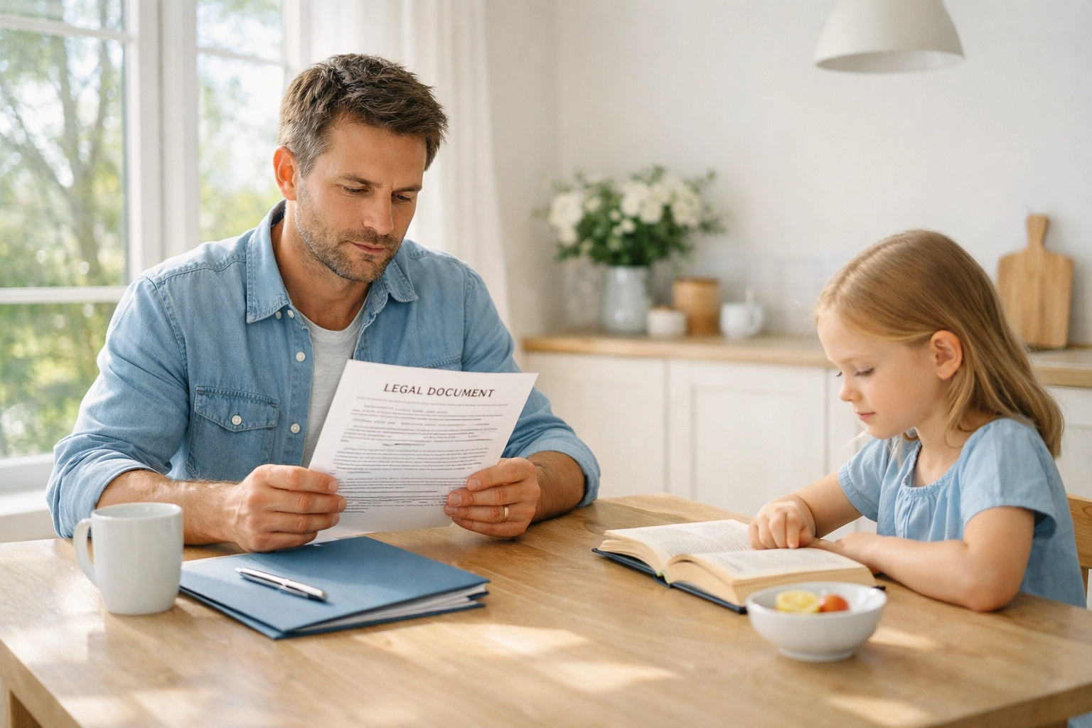 Father reviewing legal documents regarding his UK parental rights and responsibilities.