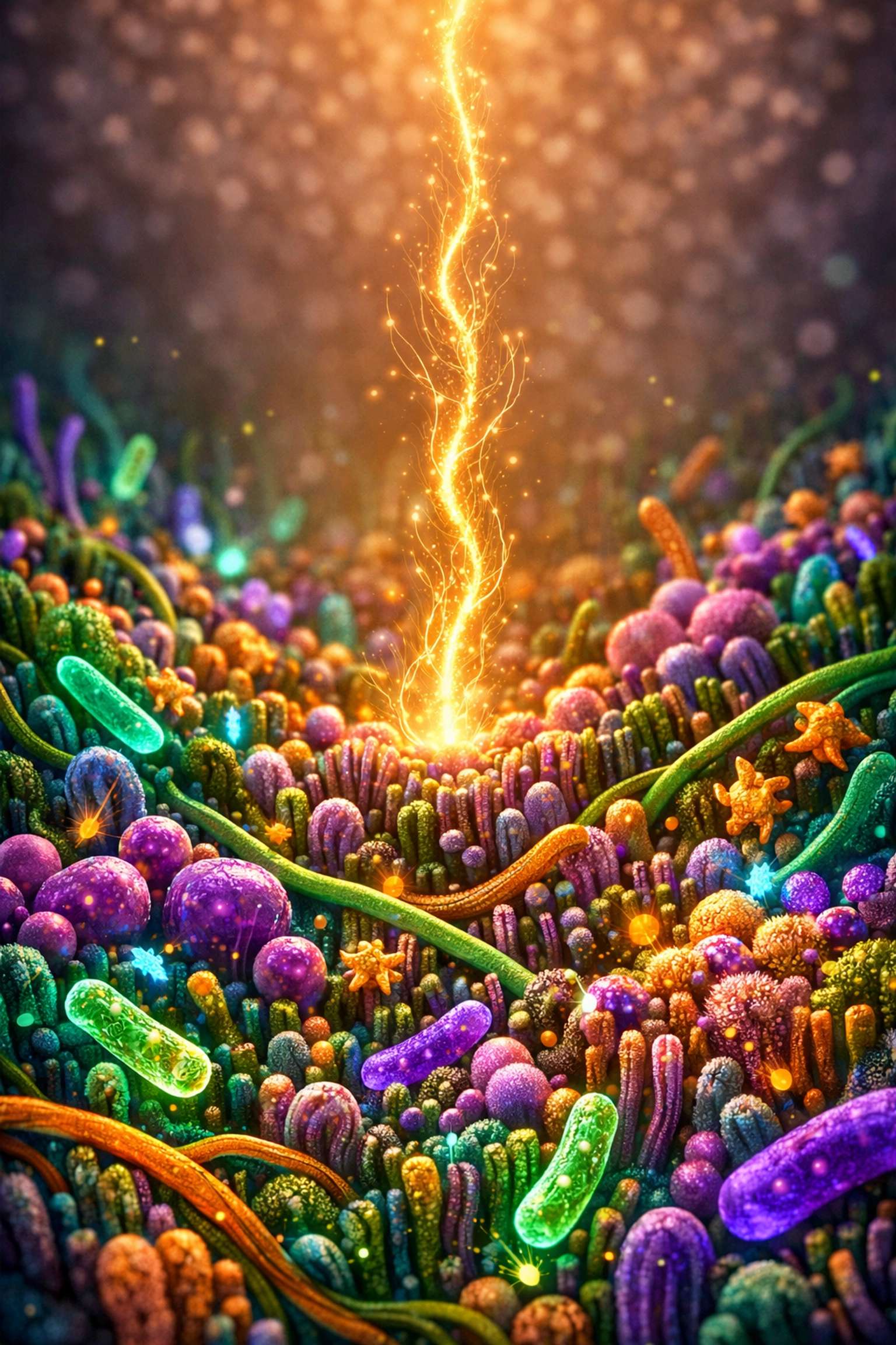 Microscopic visualization of a healthy gut microbiome showing the gut-brain axis connection.