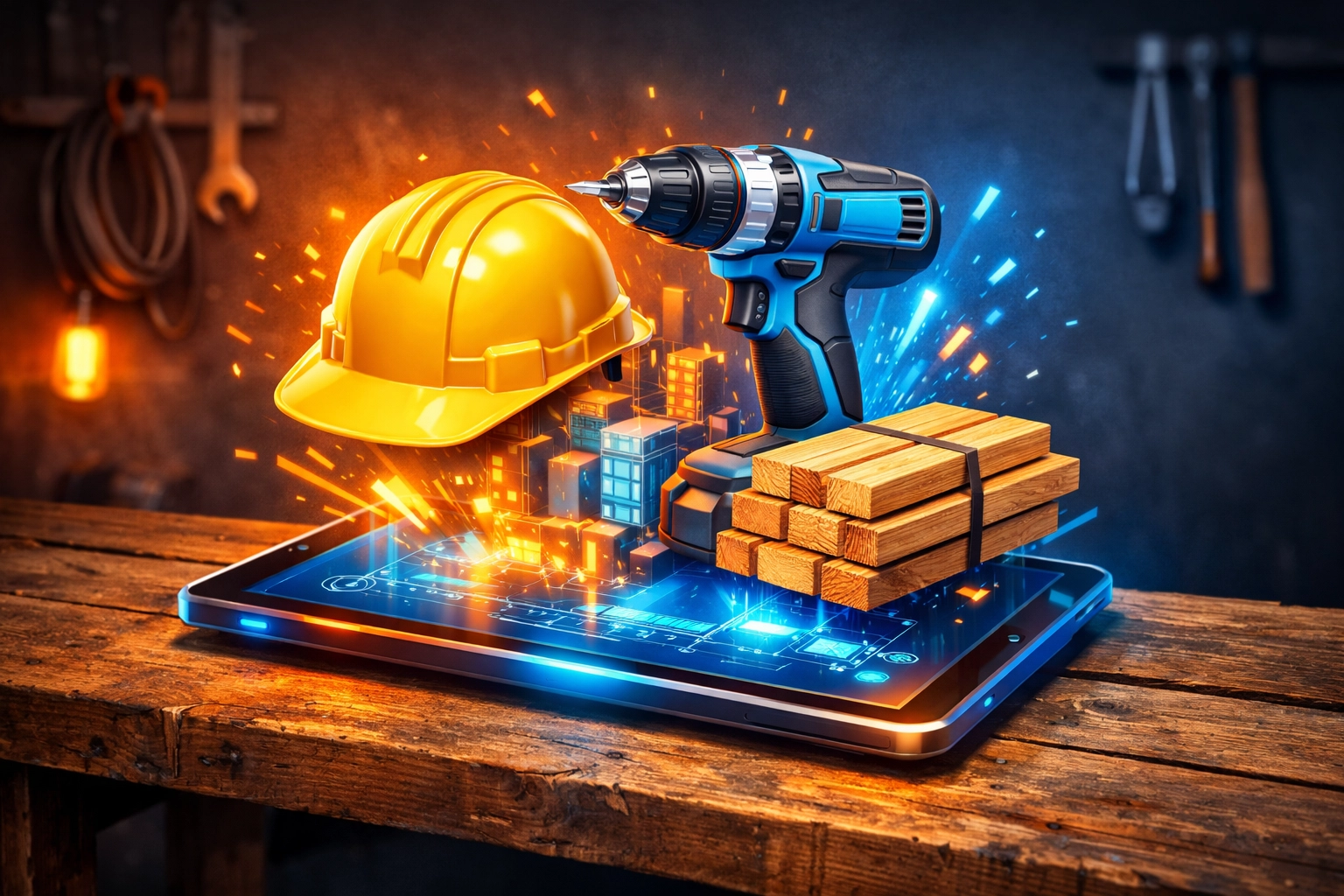 Digital tablet showing tools and lumber to showcase how to sell construction materials online via a marketplace.