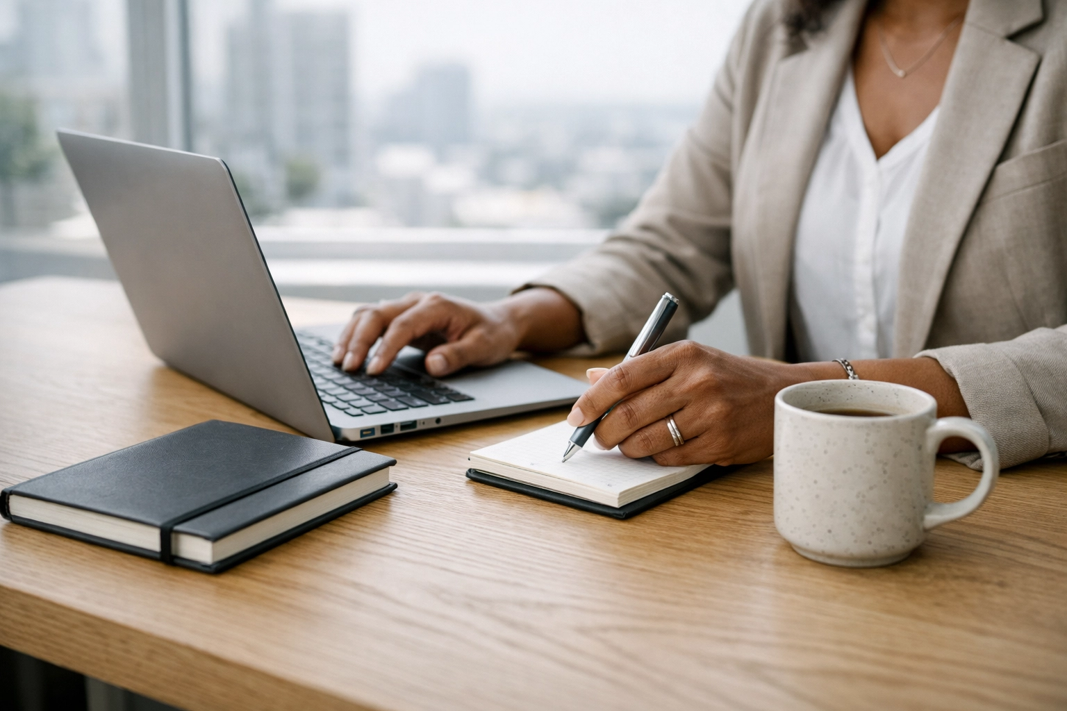 A business owner at a modern desk preparing documentation for a fast working capital loan approval.