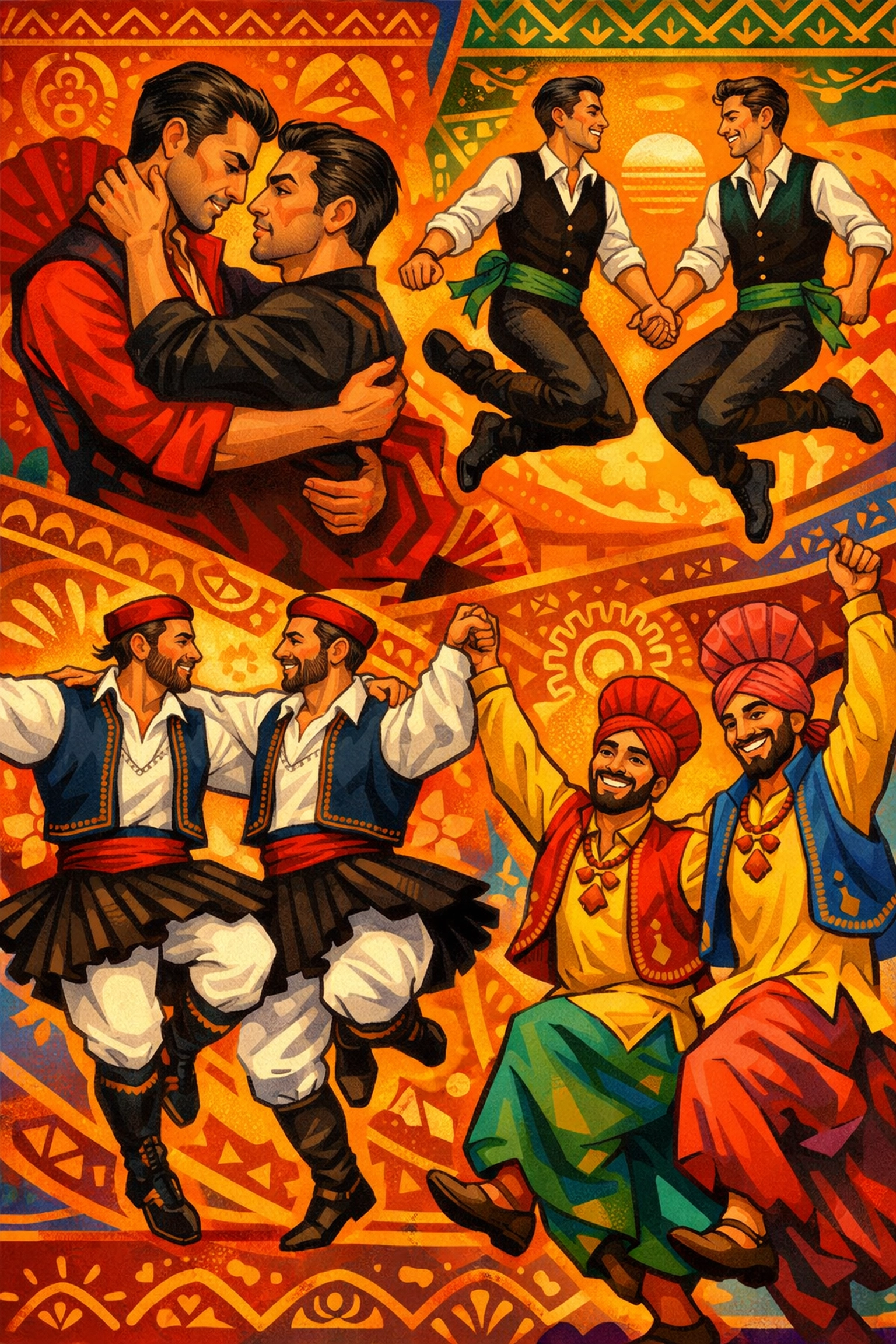 Gay couples dancing folk styles from flamenco to Bhangra celebrating cultural diversity