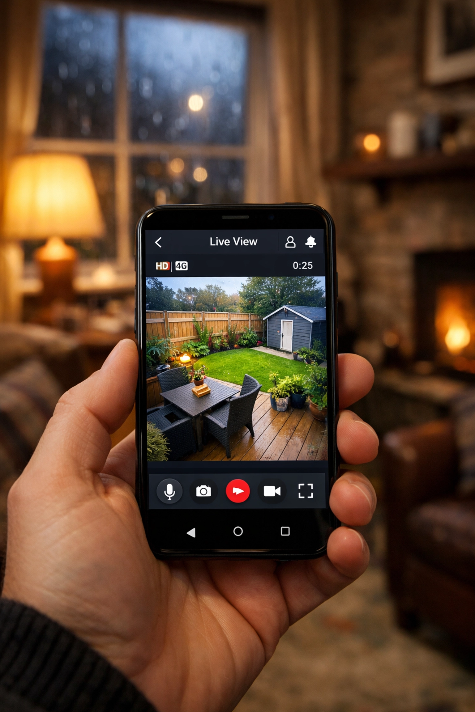 Remote monitoring of 4K security footage on a smartphone app inside a British home for peace of mind.