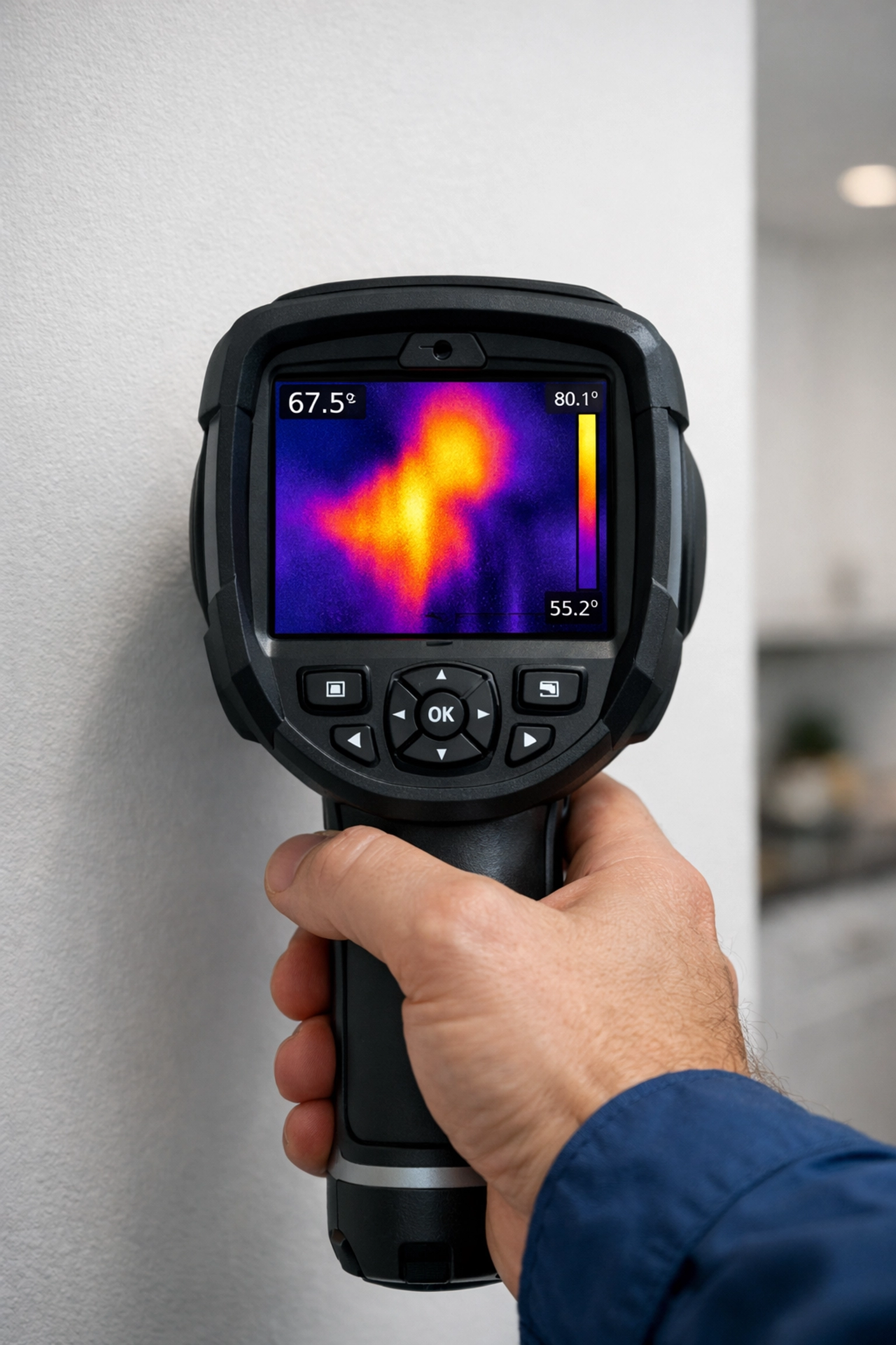 Infrared camera detecting hidden moisture behind a wall for professional water damage restoration.