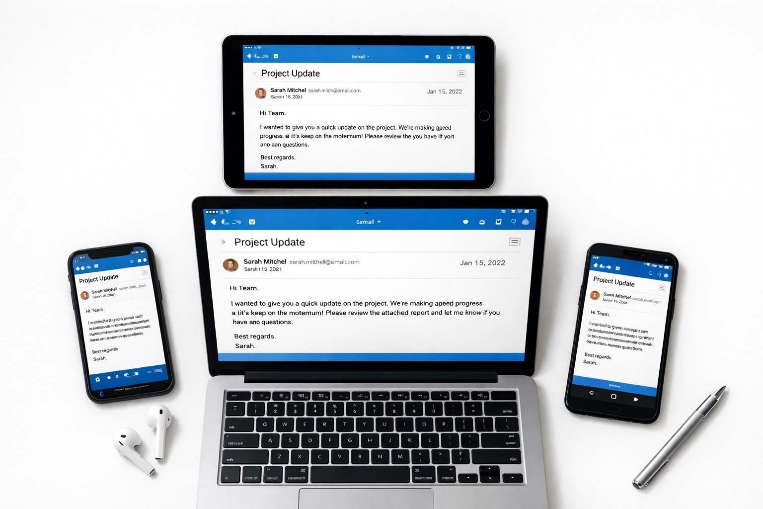 Multiple devices showing same email message demonstrating IMAP synchronization across platforms