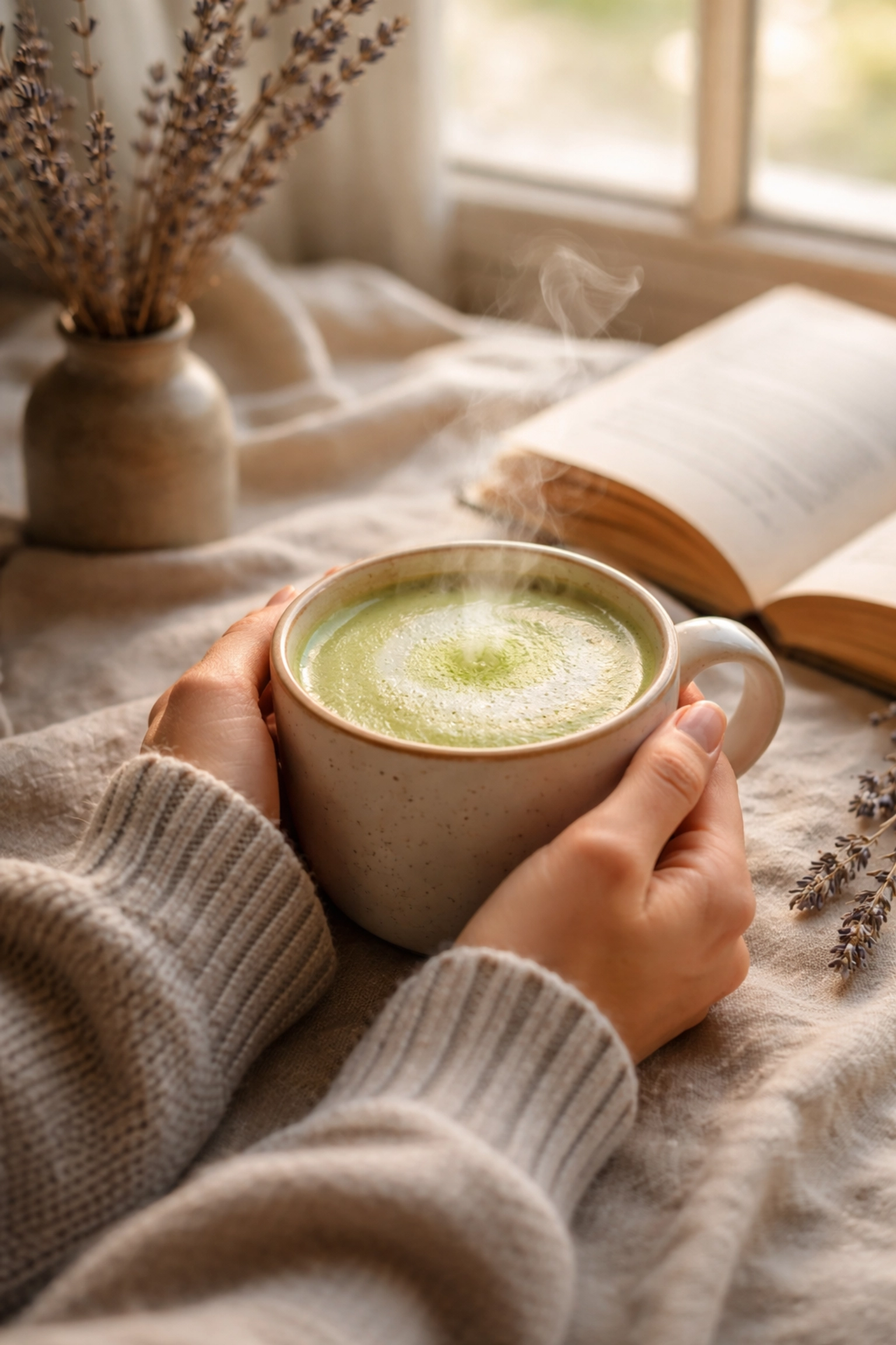 Hands holding a warm mug of creamy lavender honey matcha latte, highlighting cozy mindfulness ritual