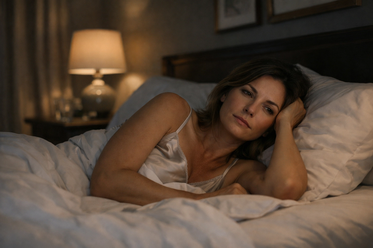 A woman lies awake in bed in a dimly lit, calm bedroom, appearing thoughtful or concerned.