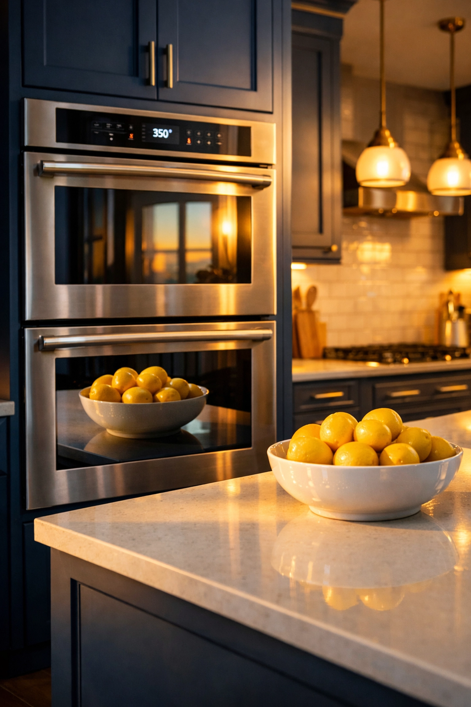 A sparkling clean, polished double oven in a high-end gourmet kitchen with navy blue cabinetry.