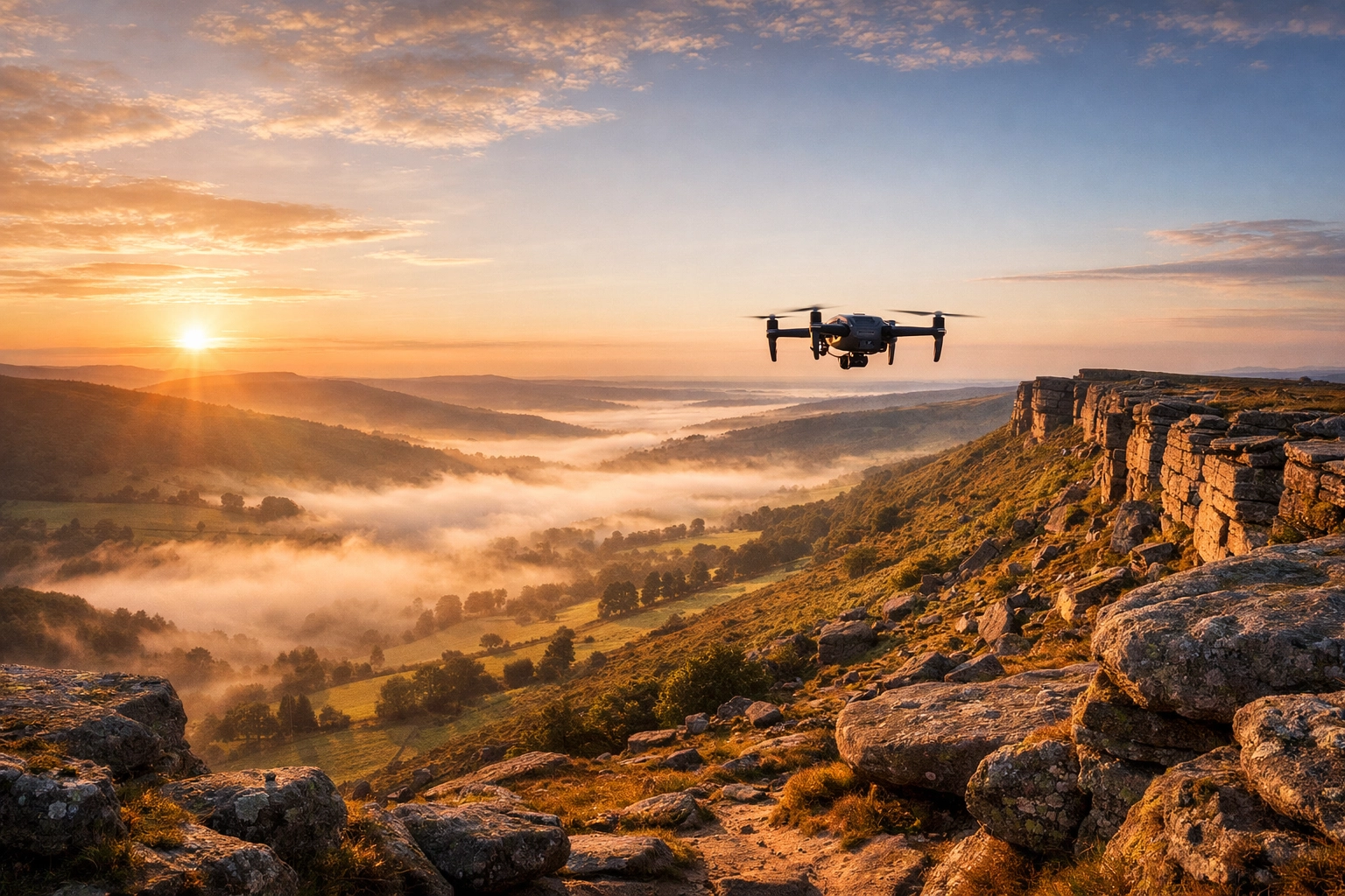 Drone ashes scattering service over the scenic Peak District at sunrise for a peaceful memorial.