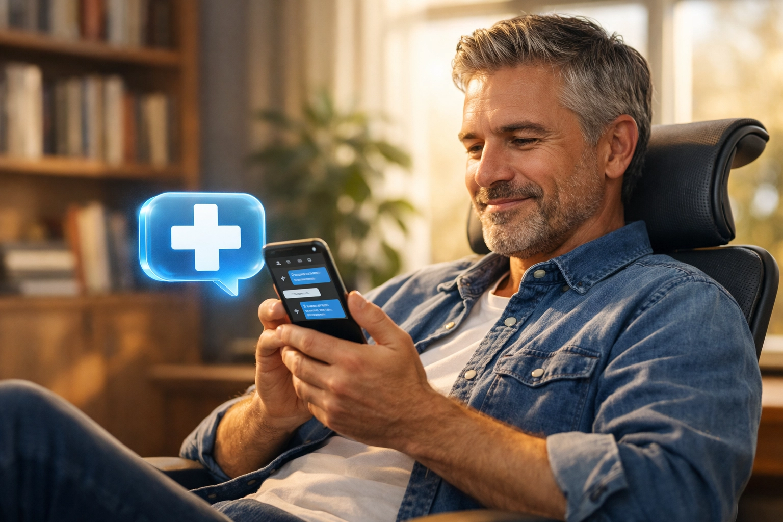 Man using online medical chat for 24/7 chronic condition management from his home office.