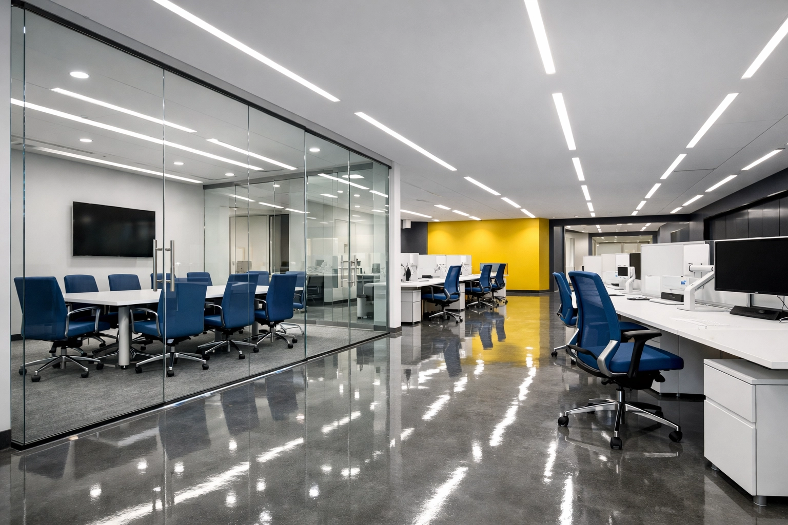 Immaculate modern workspace showcasing professional commercial cleaning after a MetroWest office renovation.