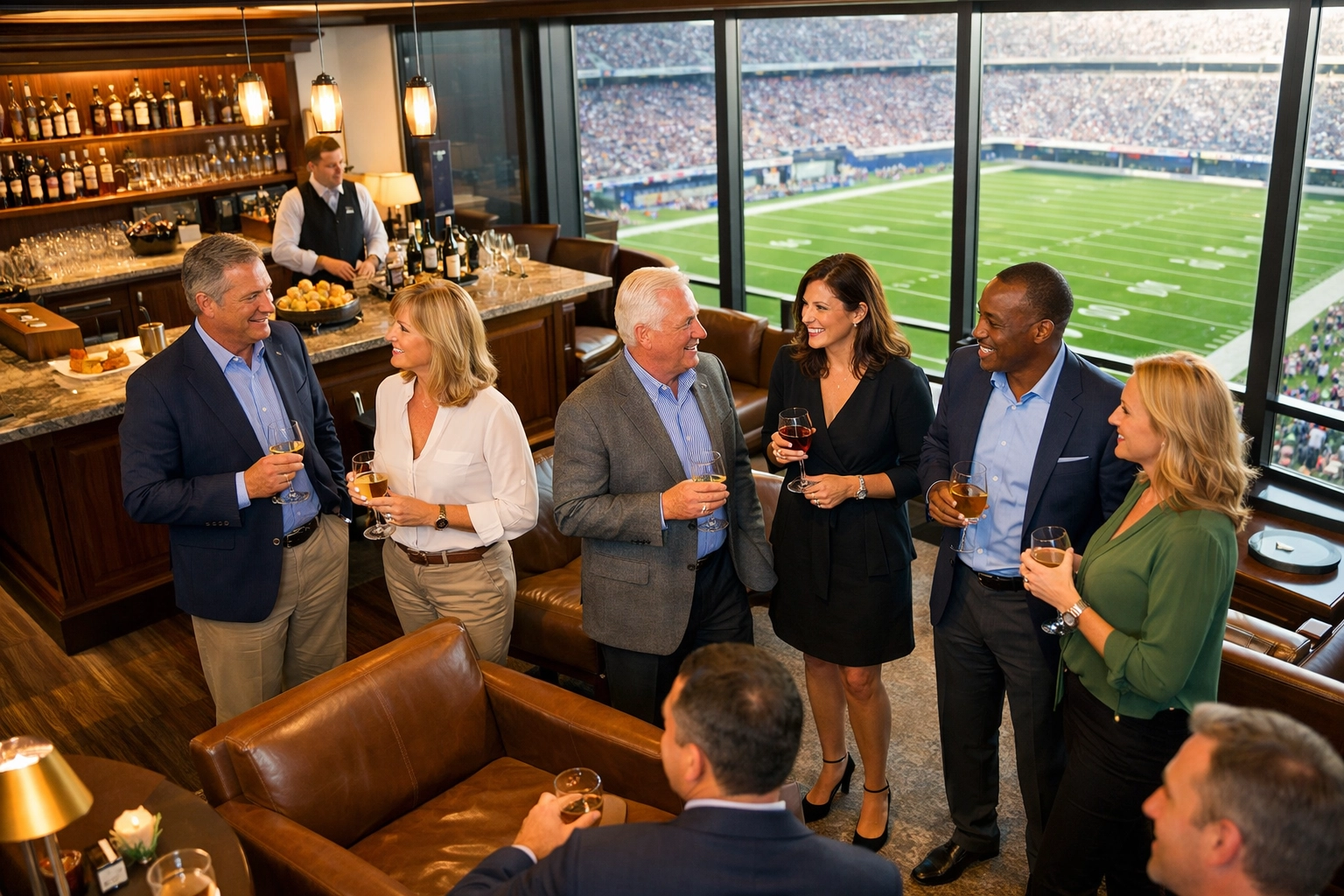 Executives networking in luxury Super Bowl corporate suite with stadium views