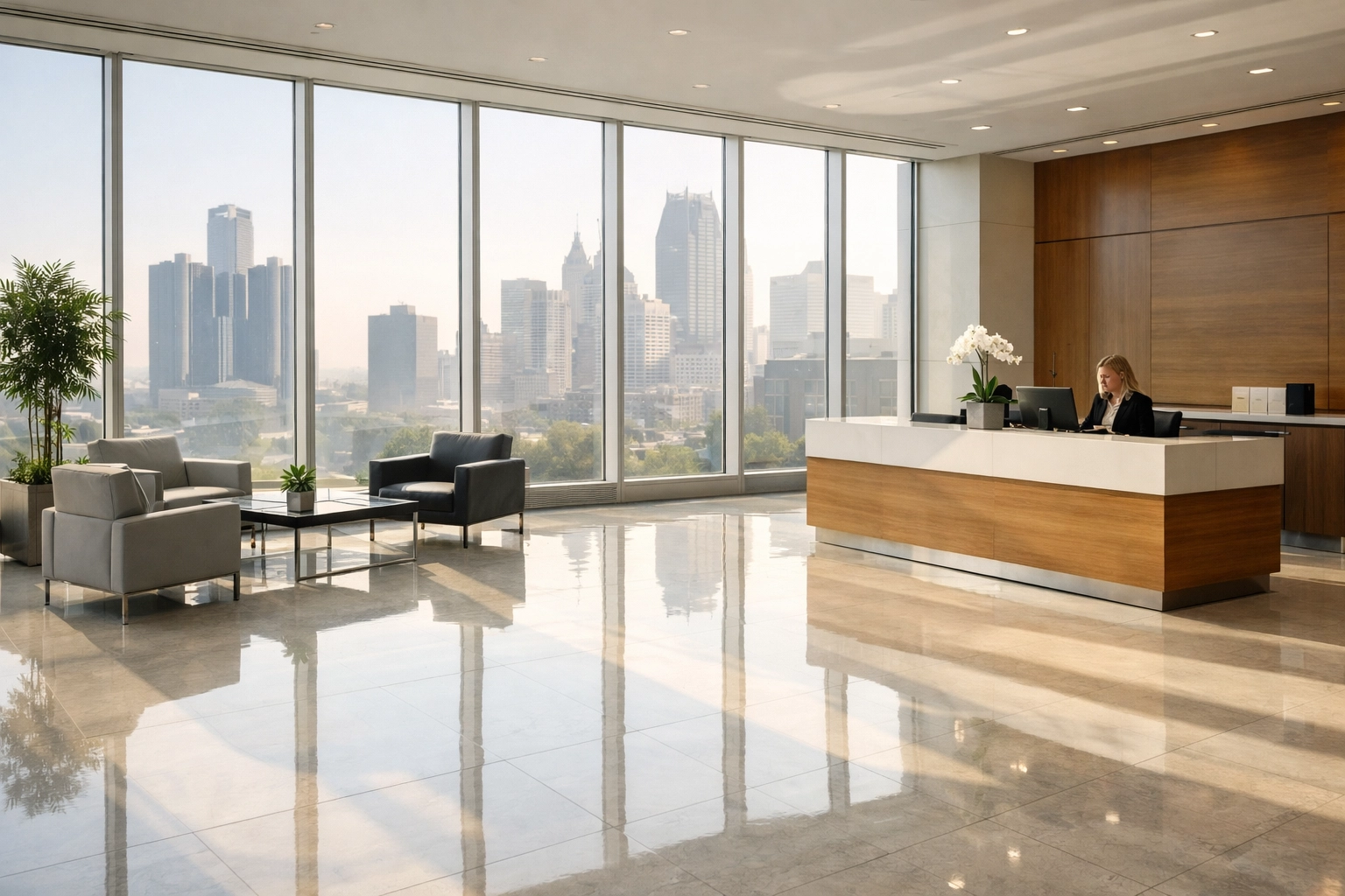 Spotless Detroit corporate lobby with marble floors and skyline views, maintained for property management.