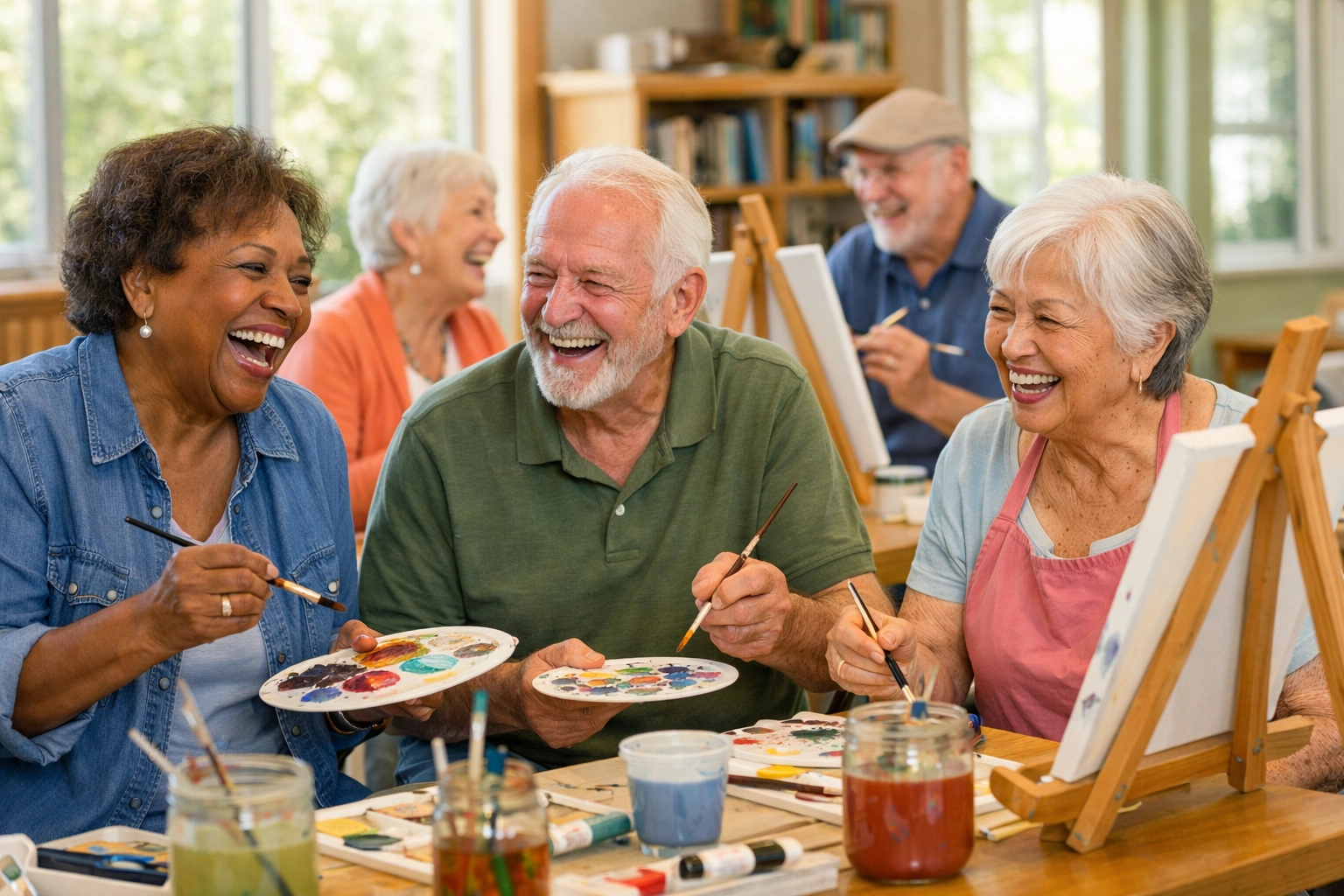 Seniors enjoying art class activities at assisted living community in Sarasota