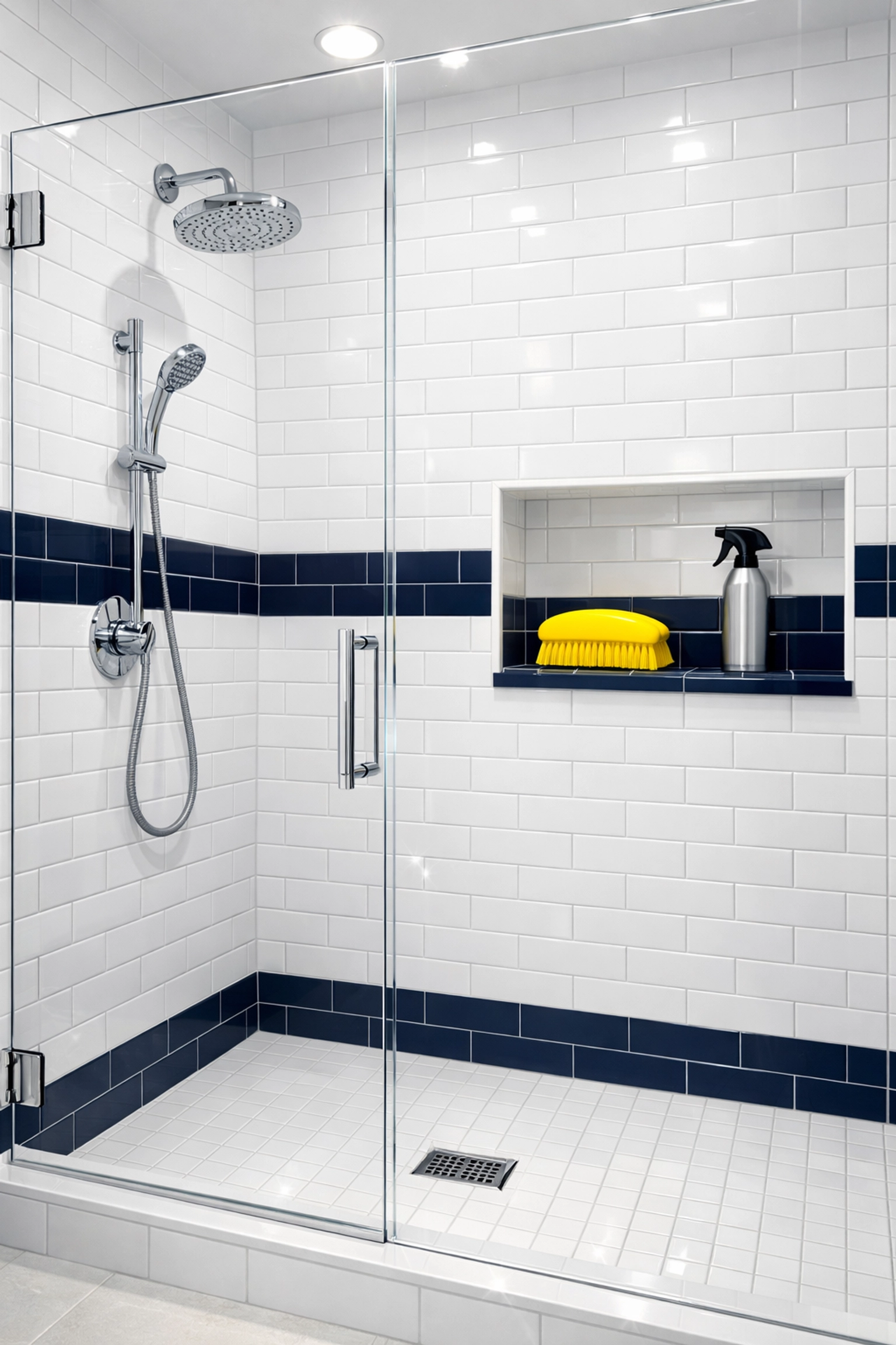 Pristine walk-in shower with white subway tiles and professional cleaning supplies.