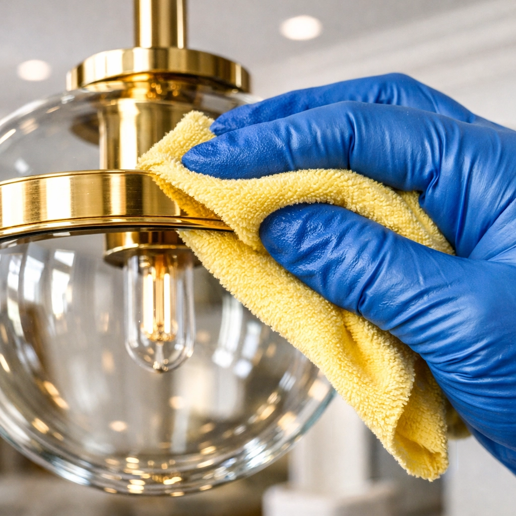 Professional cleaner dusting a gold fixture during post construction cleaning Southborough.