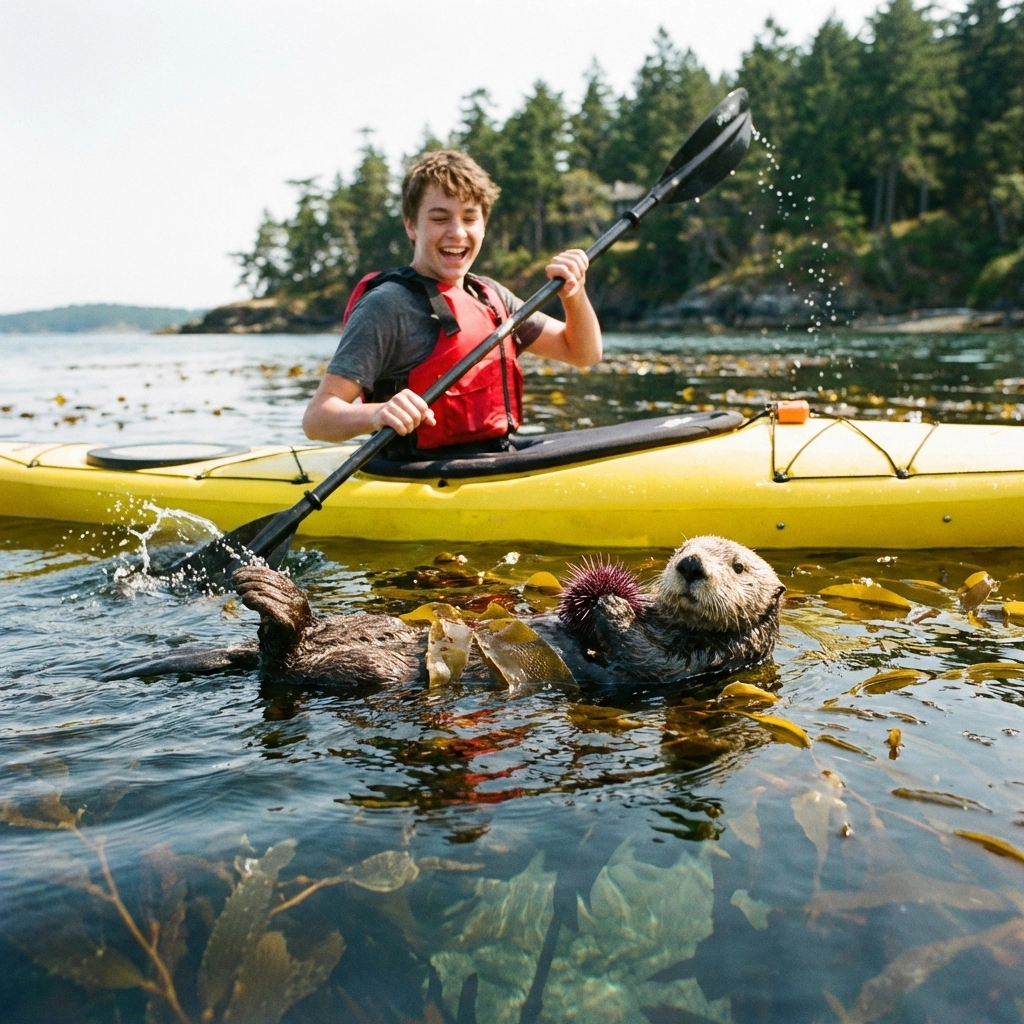 Student kayaking close to a sea otter in the kelp-filled waters of the San Juan Islands coastline
