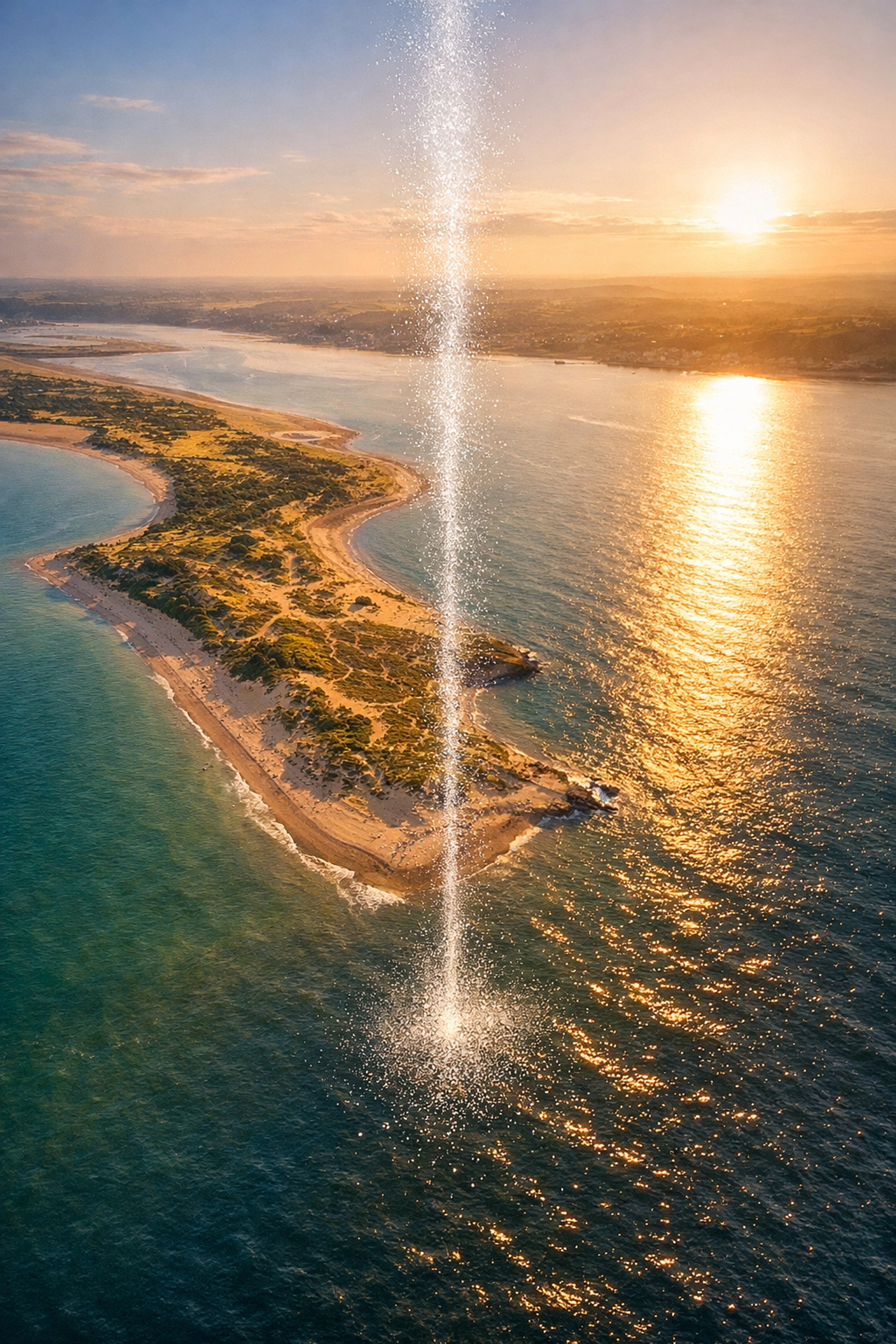 Aerial drone scattering ashes over the sea at Dawlish Warren, South Devon, for a serene coastal farewell.