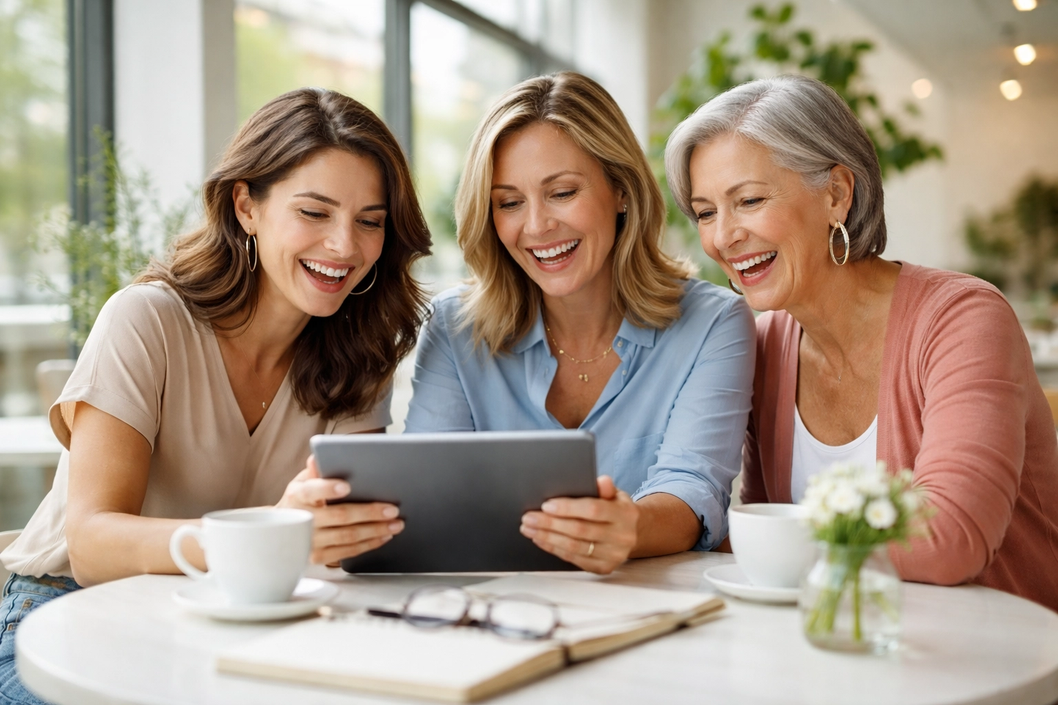 Diverse group of women smiling at a café, illustrating supportive community for moms joining travel planning careers