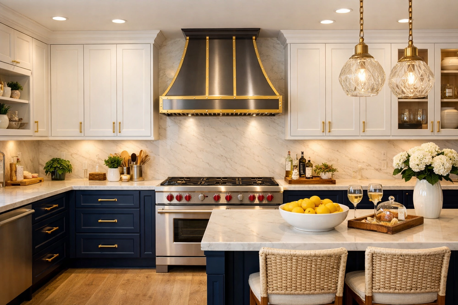 Professional house cleaning results in a luxury kitchen with blue cabinets and a clean range hood.