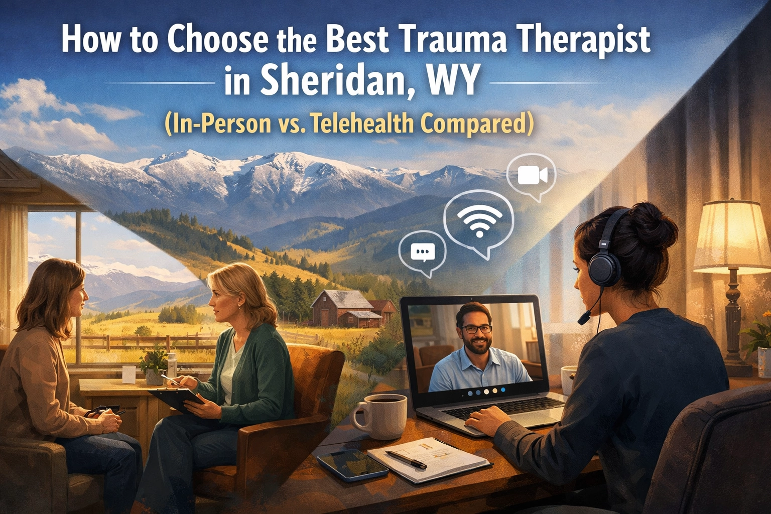 Trauma therapist in Sheridan Wyoming helping client choose between telehealth and in-person therapy