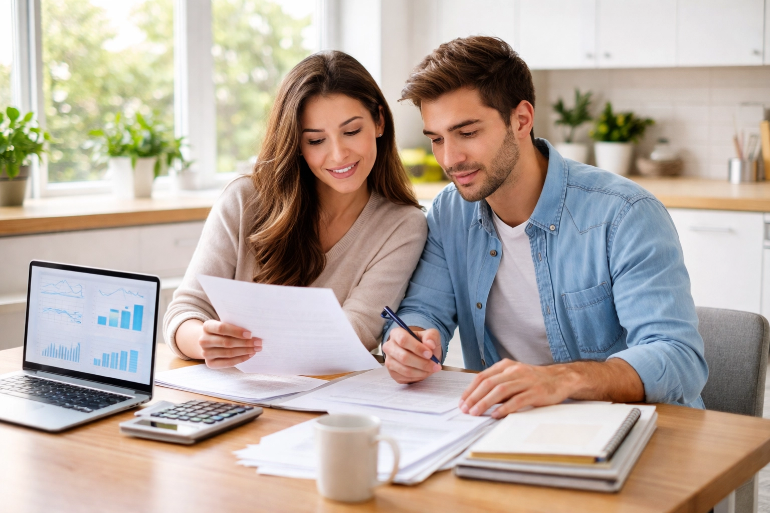 Young couple reviews financial documents at a bright kitchen table, representing real life tax planning for deduction choices.