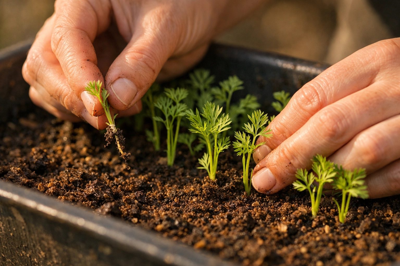 Thinning carrot seedlings in deep container for proper spacing