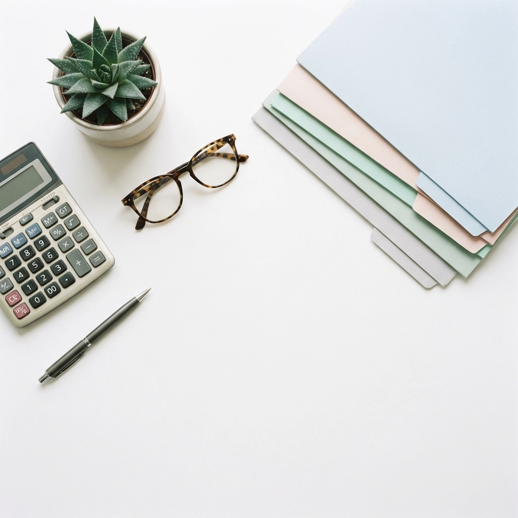 Flat lay of business service items including calculator and folders symbolizing expanded year-round tax solutions and organization