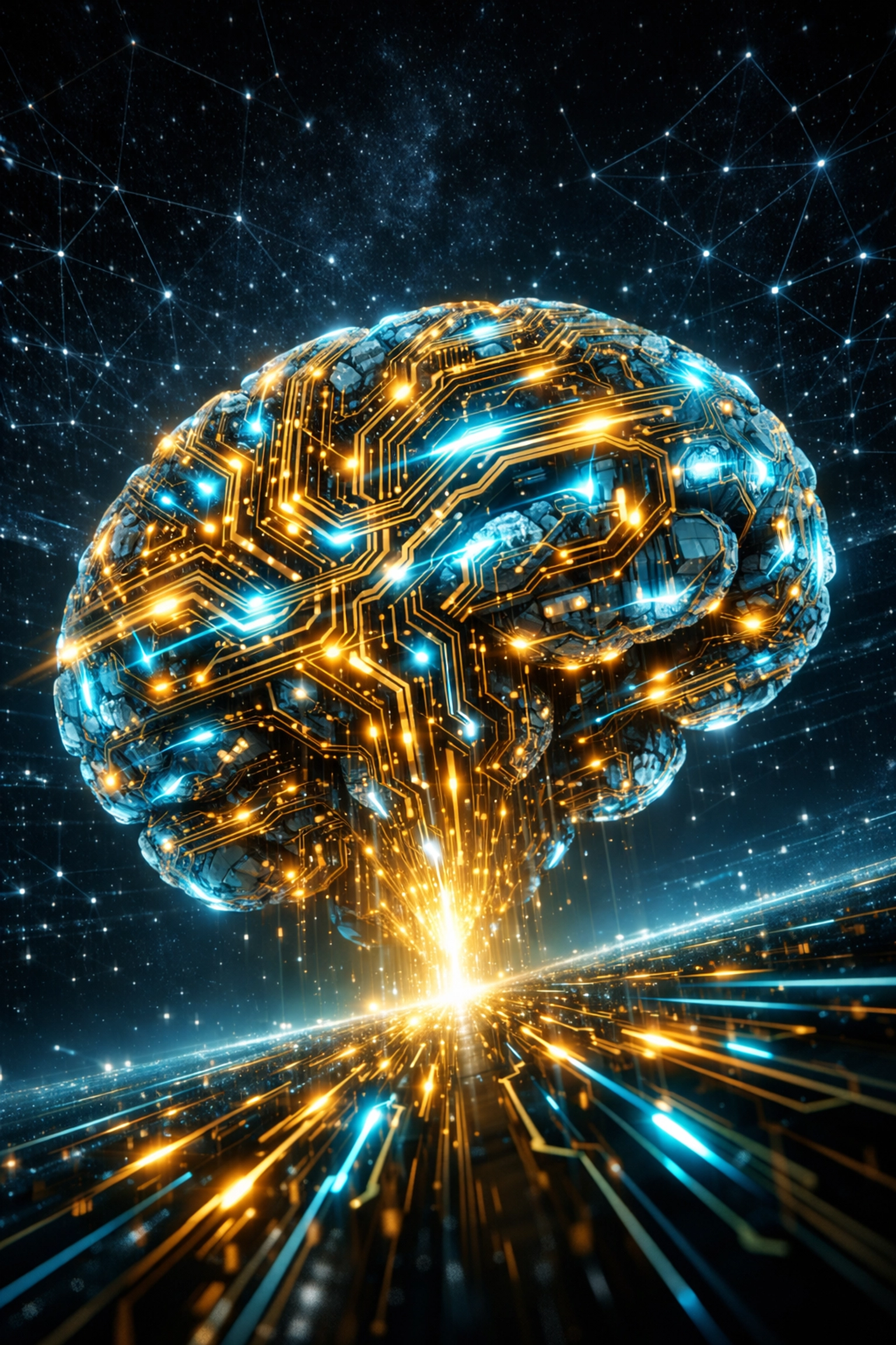 Advanced AI engine core with glowing circuits processing rapid Web3 transactions on the blockchain.