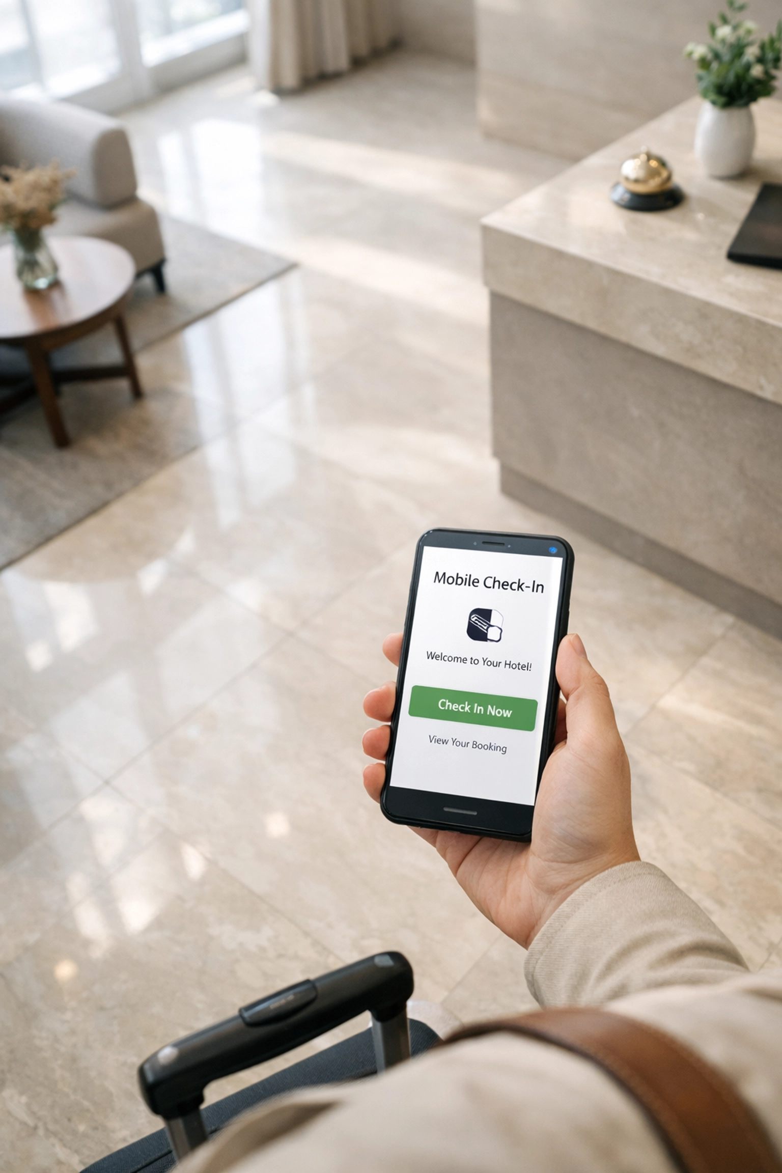 Hotel guest using mobile check-in on smartphone in modern hotel lobby for contactless arrival
